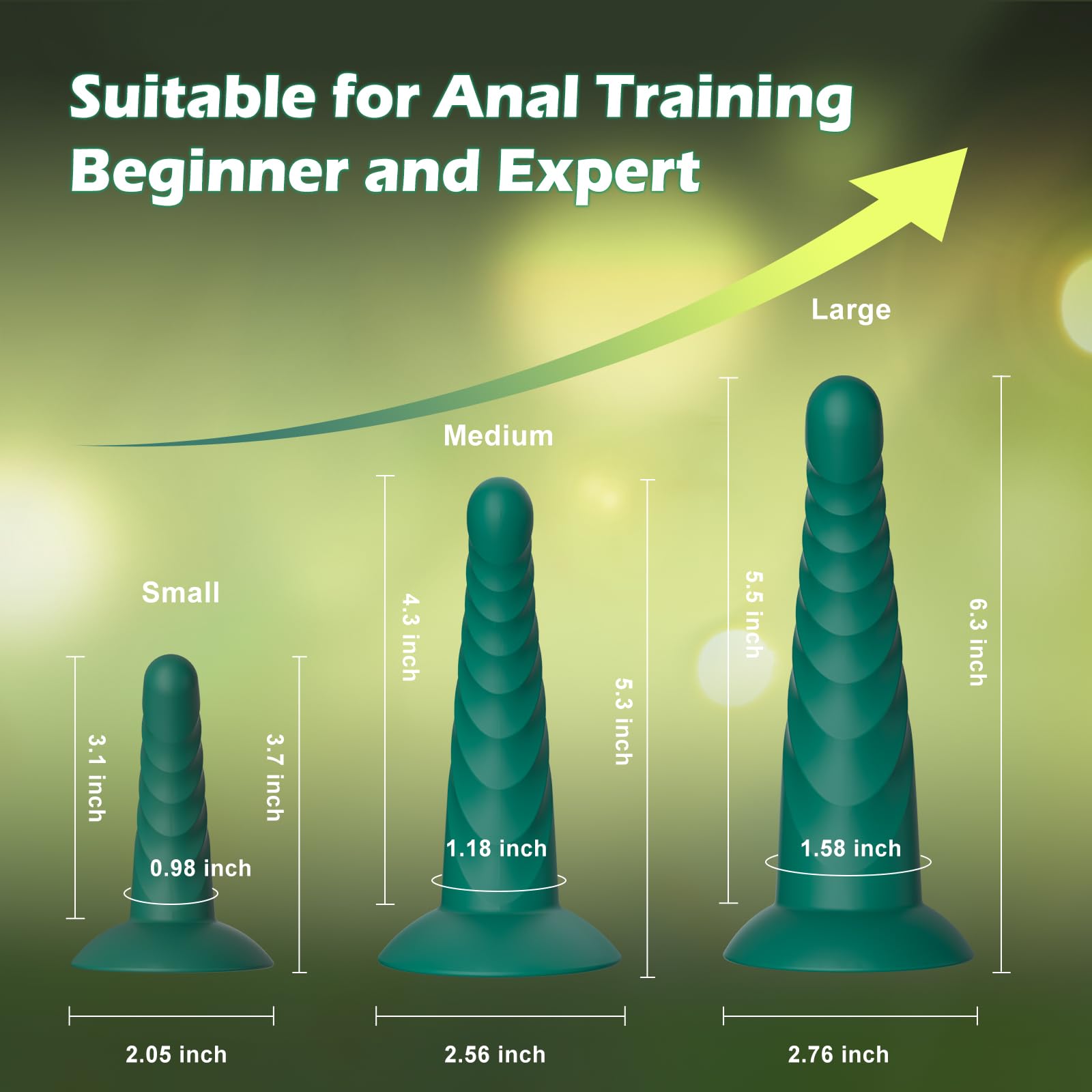 Anal Plug Pack of 3 Anal Toys, Silicone Adult Sex Anal Trainer Butt Plug for Beginners Advanced Players Anal Training Sets with Flared Suction Base Prostate Massager for Men, Women & Couple (): Green
