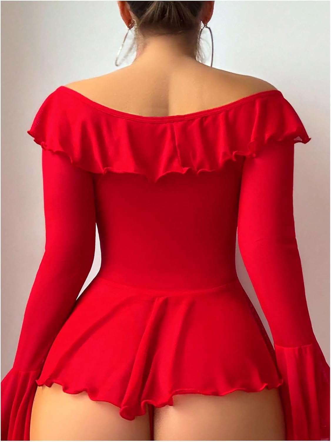Neohouny Sexy Lingerie for Women Rave Outfits Clubwear See Through Lingerie Sets Bell Sleeve Ruffle Mesh Tops: Red Small