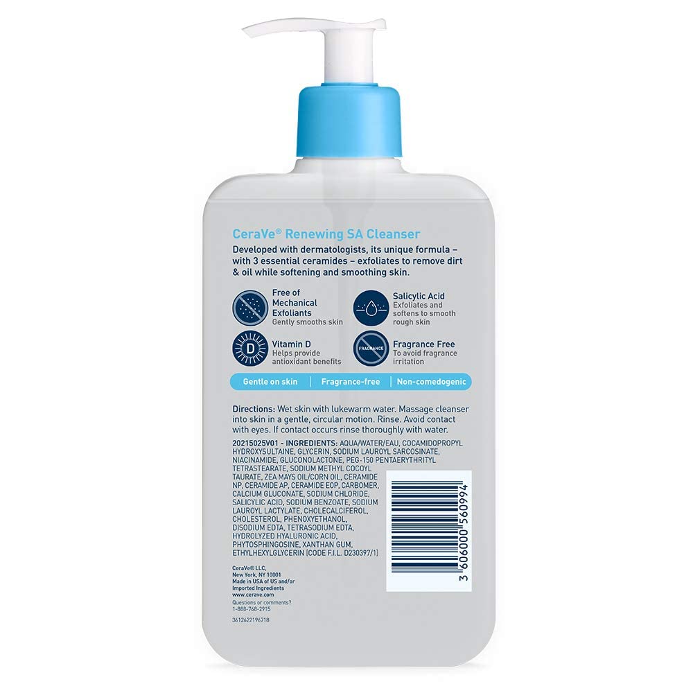 CeraVe Renewing Salicylic Acid Cleanser, Formulated With Hyaluronic Acid, Niacinamide, & Ceramides, Gentle BHA Exfoliating Face Wash Smooths & Softens Skin, Non Comedogenic & Fragrance Free, 16 Ounce: Fragrance Free 16 Fl Oz (Pack of 1)