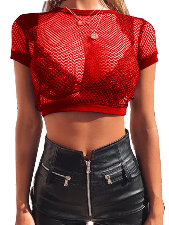 Avidlove Fishnet Crop Top for Women Y2K Short Sleeve See Through Shirt O Neck Pullover Blouse: Short Sleeve Medium Red