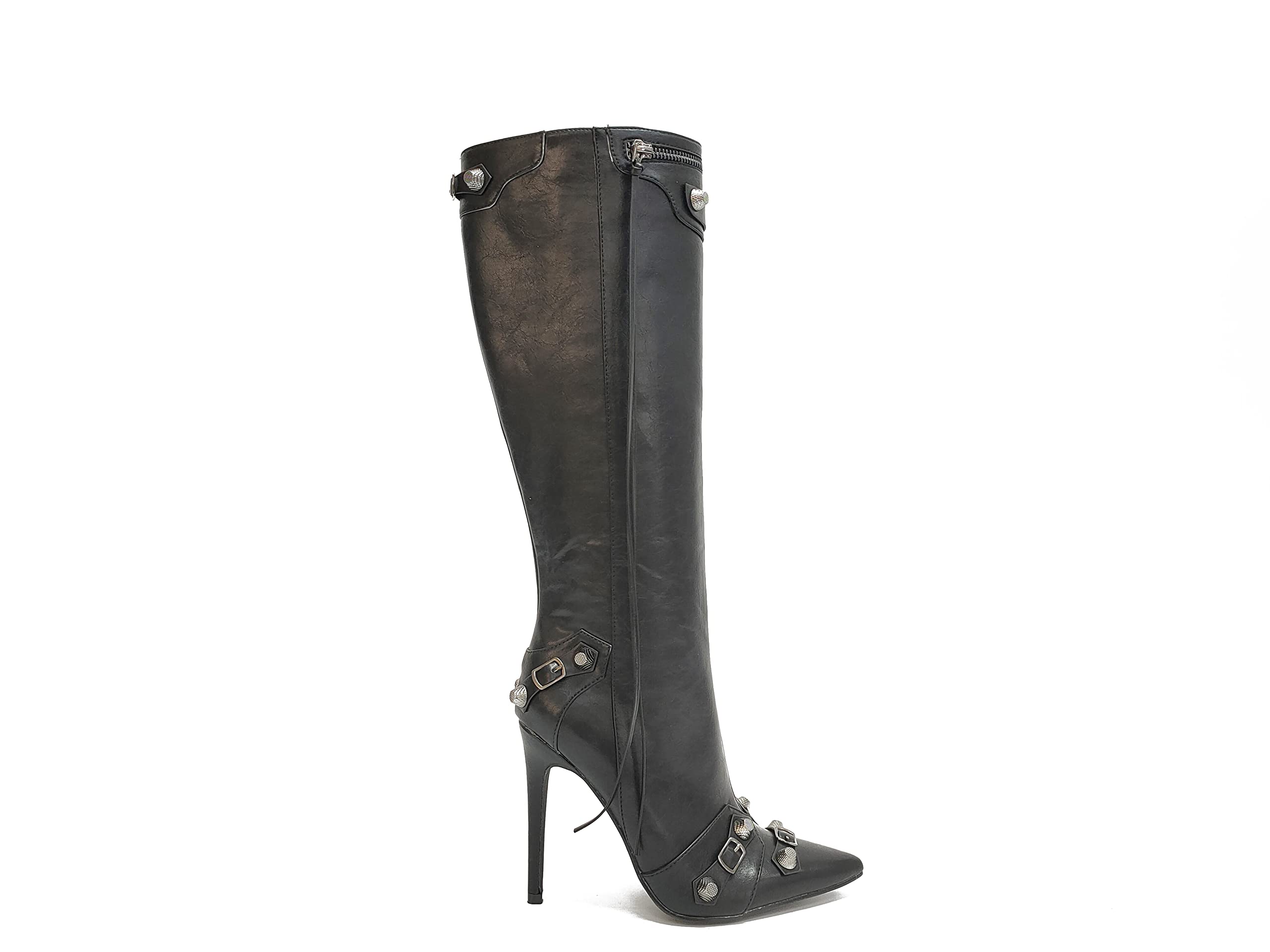 Cape Robbin Womem Knee High Boots Pointed Toe Stiletto Heels Side Zipper Rivets Tassels Boots: 10 Black