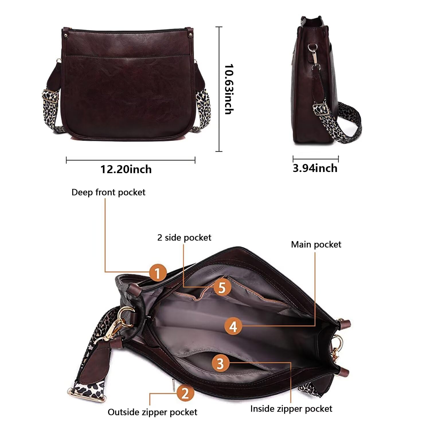 AUYOCO Vegan Leather Crossbody Bags for Women, Crossbody Purse with Guitar Strap Zipped Pockets Handbag Shoulder Bag