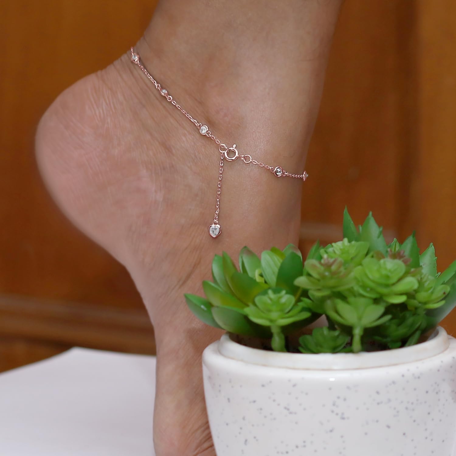 3MM Round Lab Created Moissanite Bezel Set Single Piece Station Anklet Bracelet For Women In 14K Gold Plated Sterling Silver Jewelry (1 Cttw), Gift For Her: Rose Gold Over : 10 Inch