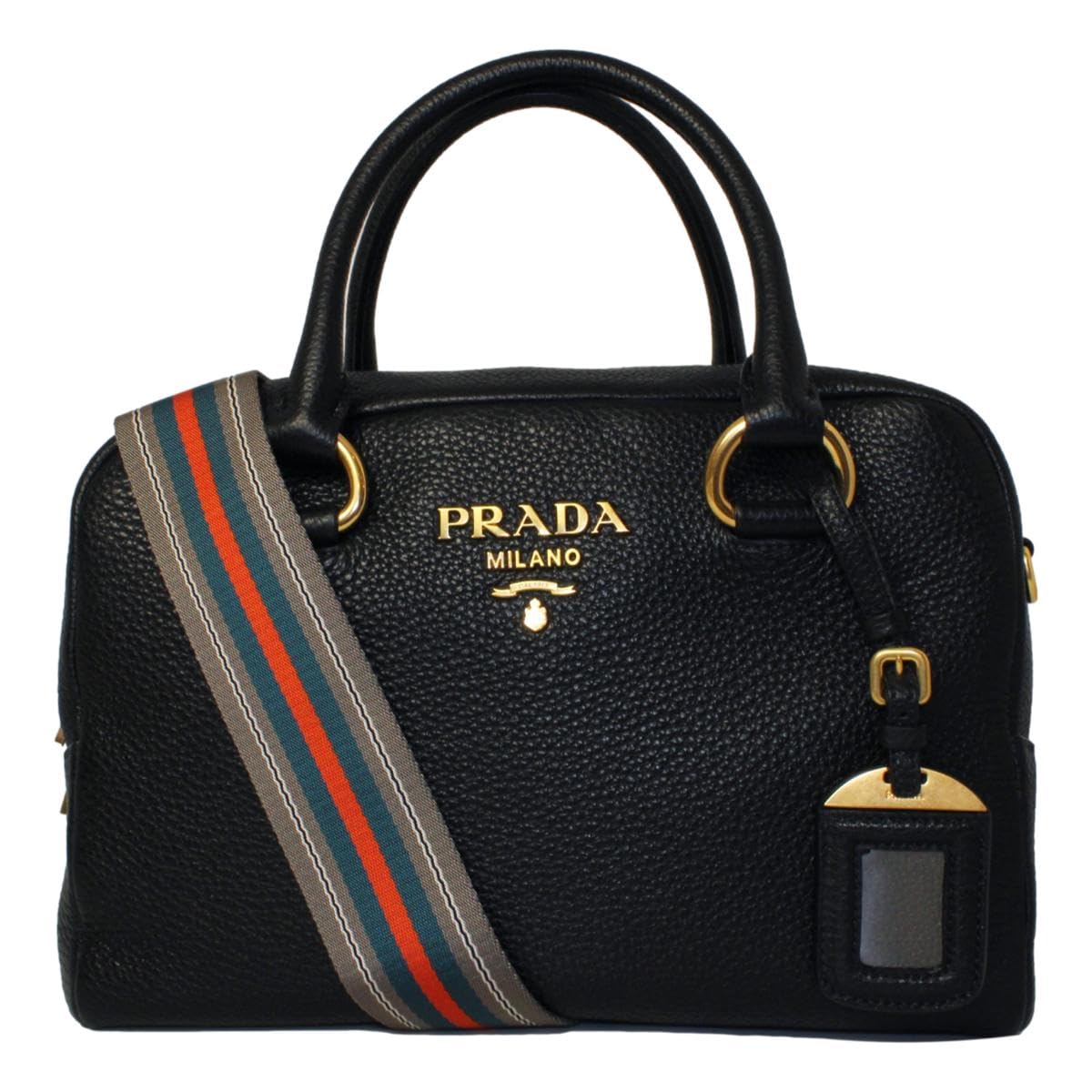 Prada Black Leather Stripe Strap Satchel Handbag: Prada Black Leather Stripe Strap Satchel Handbag