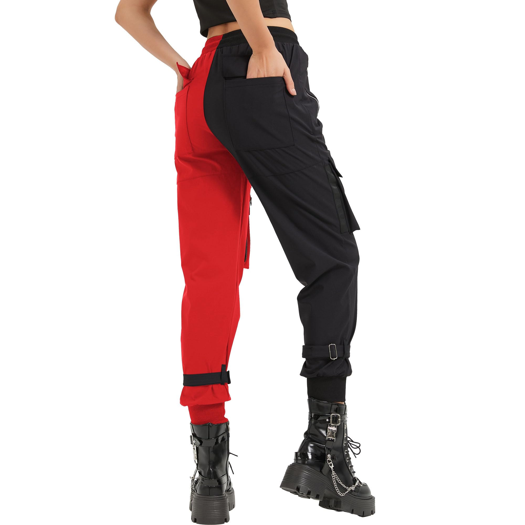 MEINVQIAOTI Black Cargo Pants Women Loose Chained Pants Multi-Pocket Multi-Zip Punk Goth Pants
