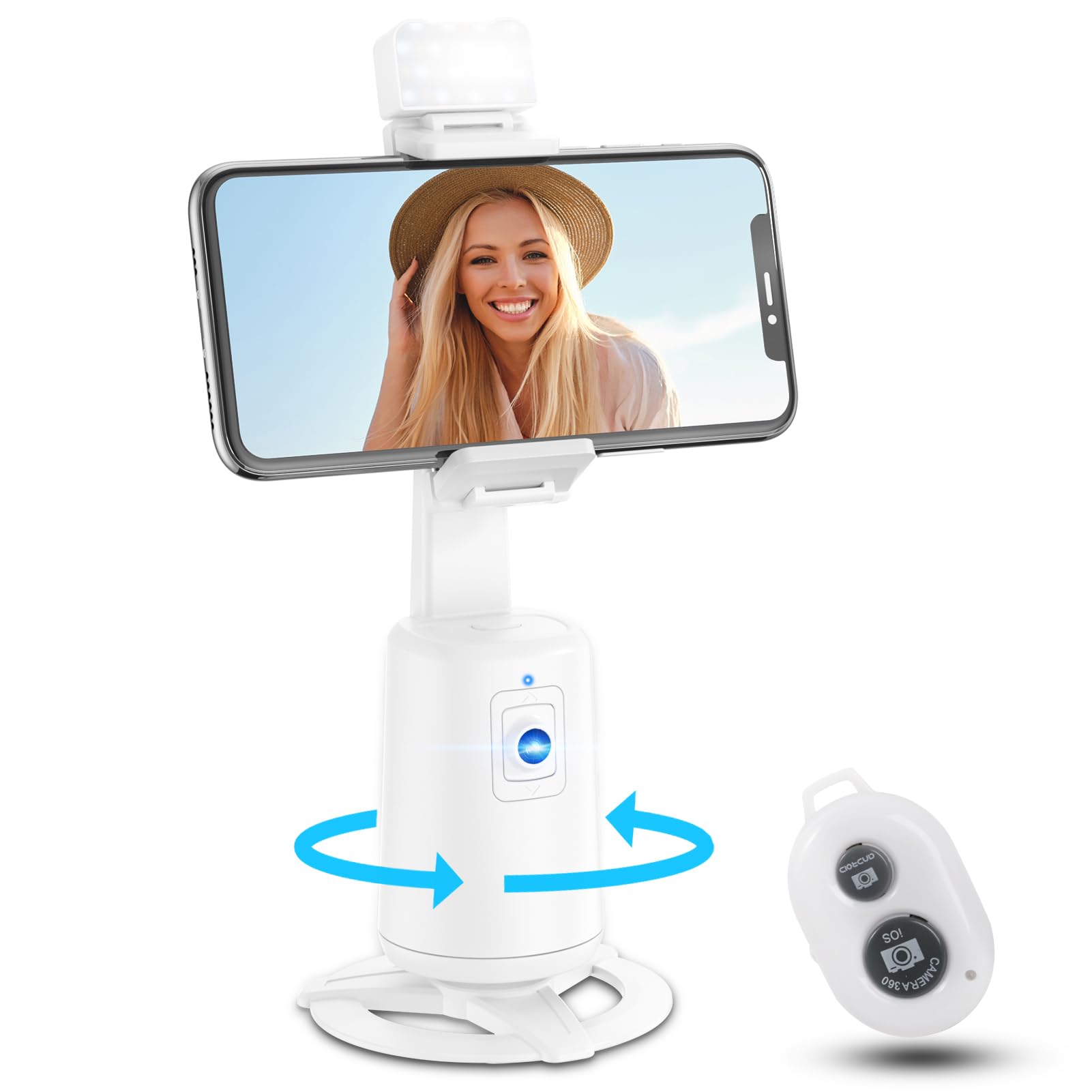Auto Face Tracking Tripod 360° Rotating Cell Phone Photo and Video Kits Stand, No App, Camera Stand with Remote and Gesture Control, Rechargeable Smart Shooting Stand for Live Recording Tiktok（）: Auto Face Tracking Tripod 360° Rotating Auto Tracking Phone Stand, No App, Phone Camera Stand with Remote and Gesture Control, Rechargeable Smart Shooting Stand for Live Video Recording Tiktok(White)