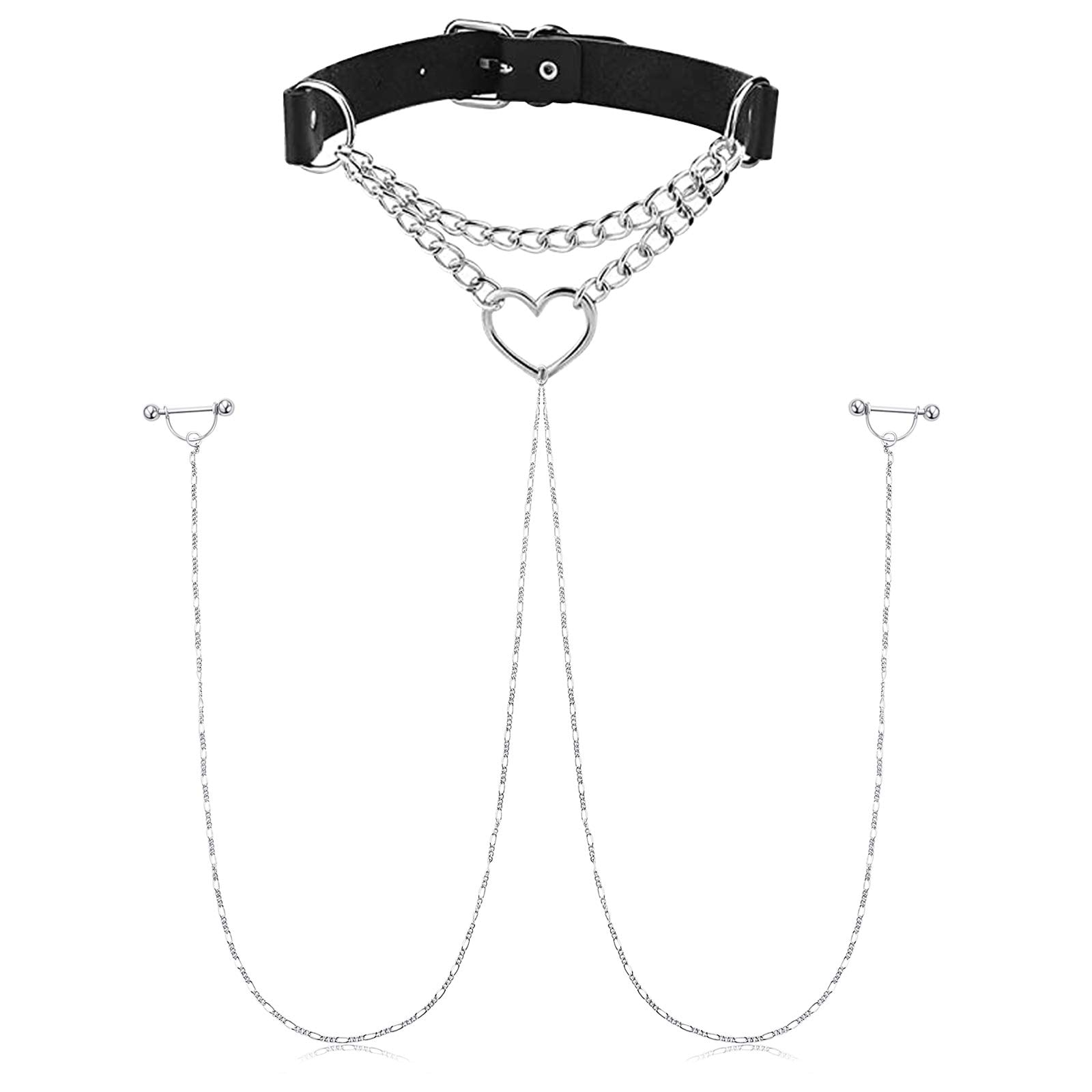 JFORYOU Nipple Ring with Choker Necklaces Stainless Steel Nipple Rings Chain Heart Cat Head Punk Chokers for Women Nipple Barbell Piercing Jewelry: JFORYOU Nipple Ring with Choker Necklaces Stainless Steel Nipple Rings Chain Heart Cat Head Punk Chokers for Women Nipple Barbell Piercing Jewelry