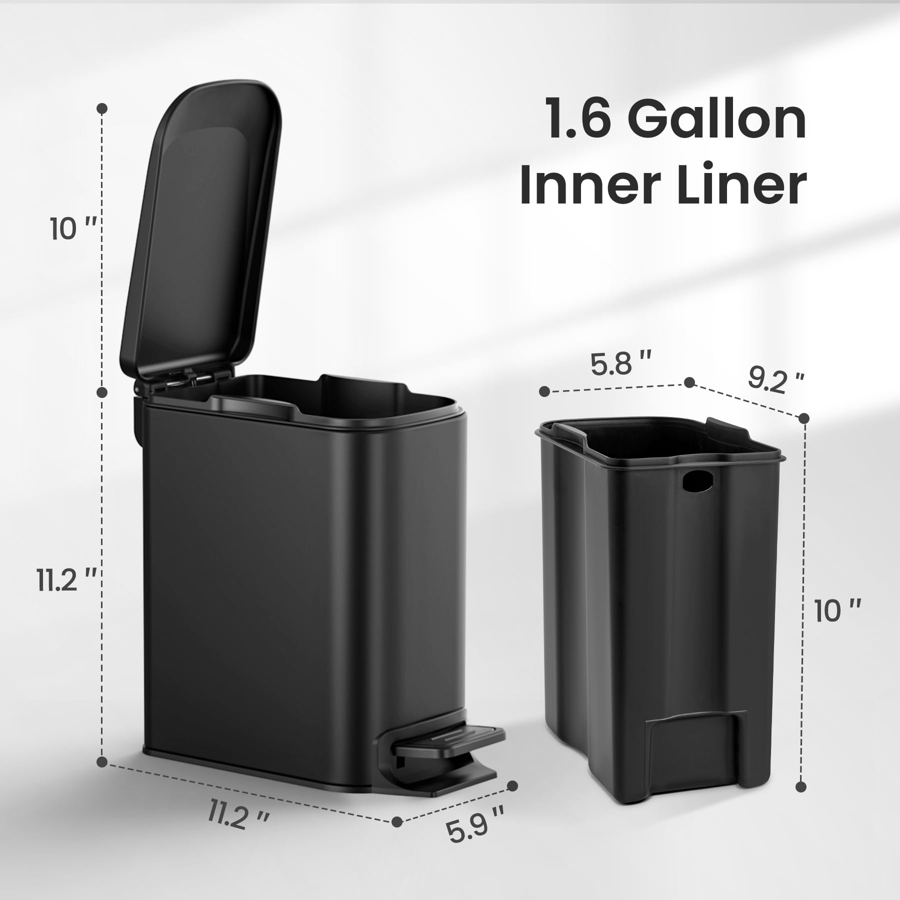 Cesun Small Bathroom Trash Can with Lid Soft Close, Step Pedal, 6 Liter / 1.6 Gallon Stainless Steel Garbage Can with Removable Inner Bucket, Anti-Fingerprint Finish (): Matt Black