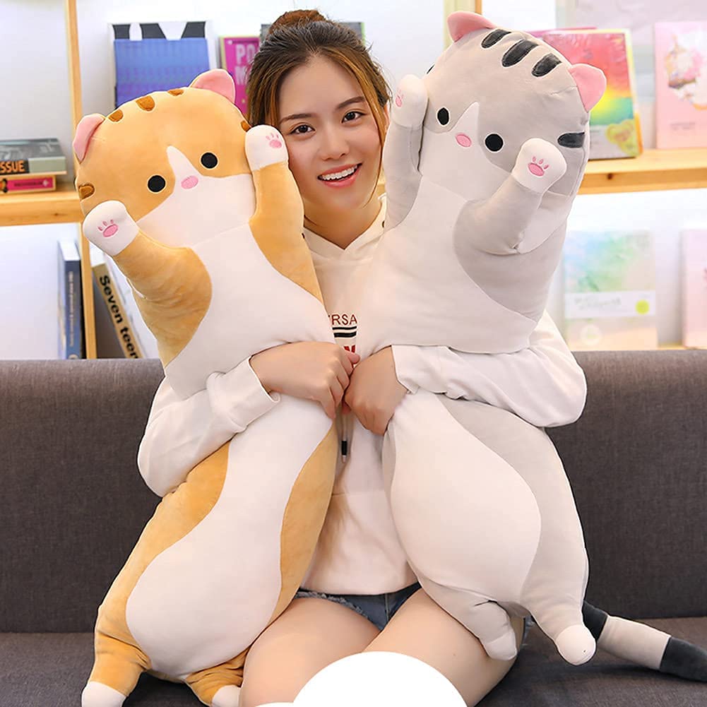 Cute Cat Plush Long Body Pillow Cuddle Cartoon Stuffed Animals Cat Plushie Soft Doll Pillows Gifts for Kids Girls (Orange, 27") thumbnail 7