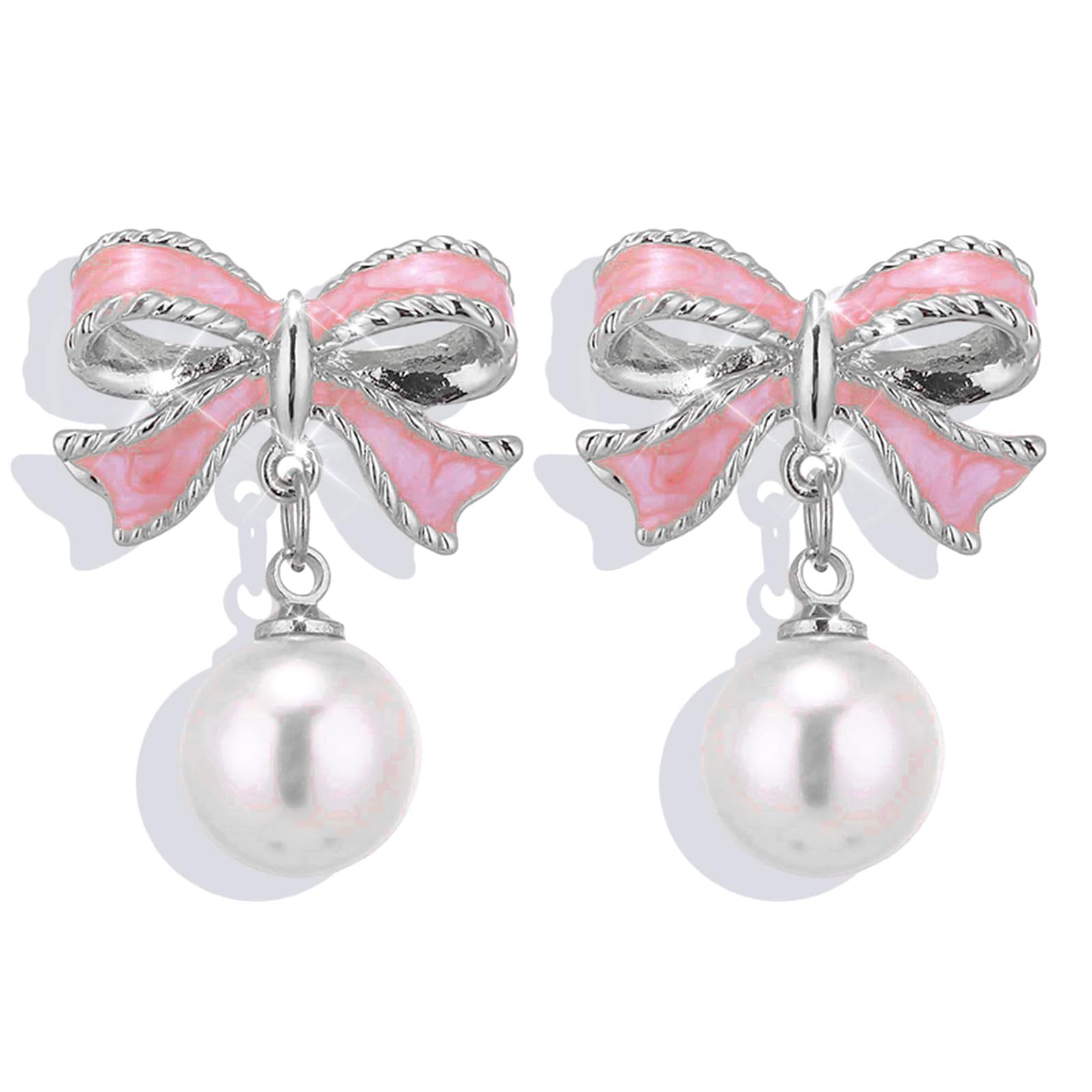 Twinkle Pearl Bow Dangle & 925 Silver Stud Earrings for Women & Girls | Pink and Gold Bow Ribbons Earrings | Holiday Birthday Jewelry Gifts for Her: Pink