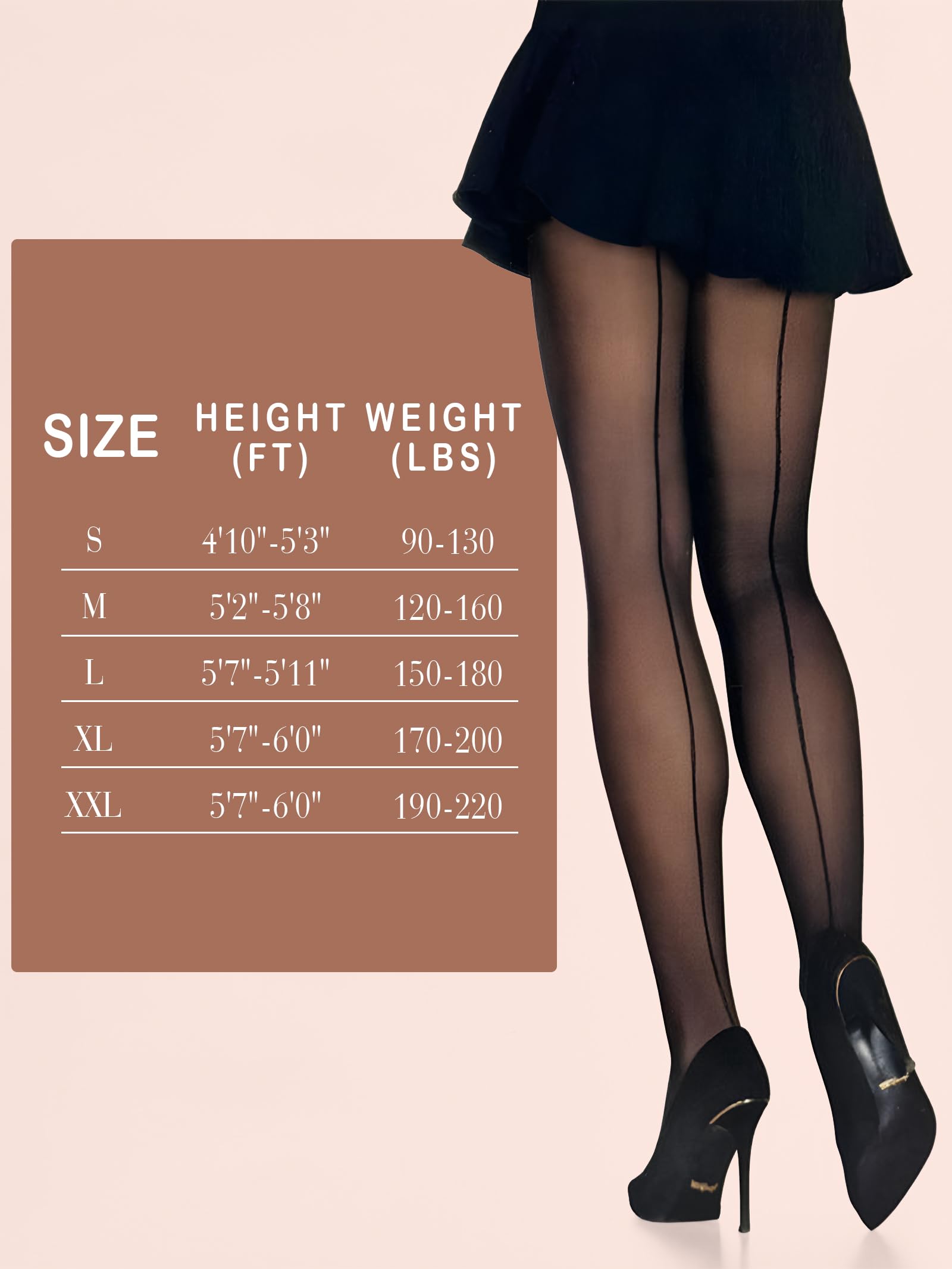 HONENNA Backseam Sheer Tights for Women 2 Pairs High Waist Patterned Cuban Heel Pantyhose With Control Top: Medium Coffee