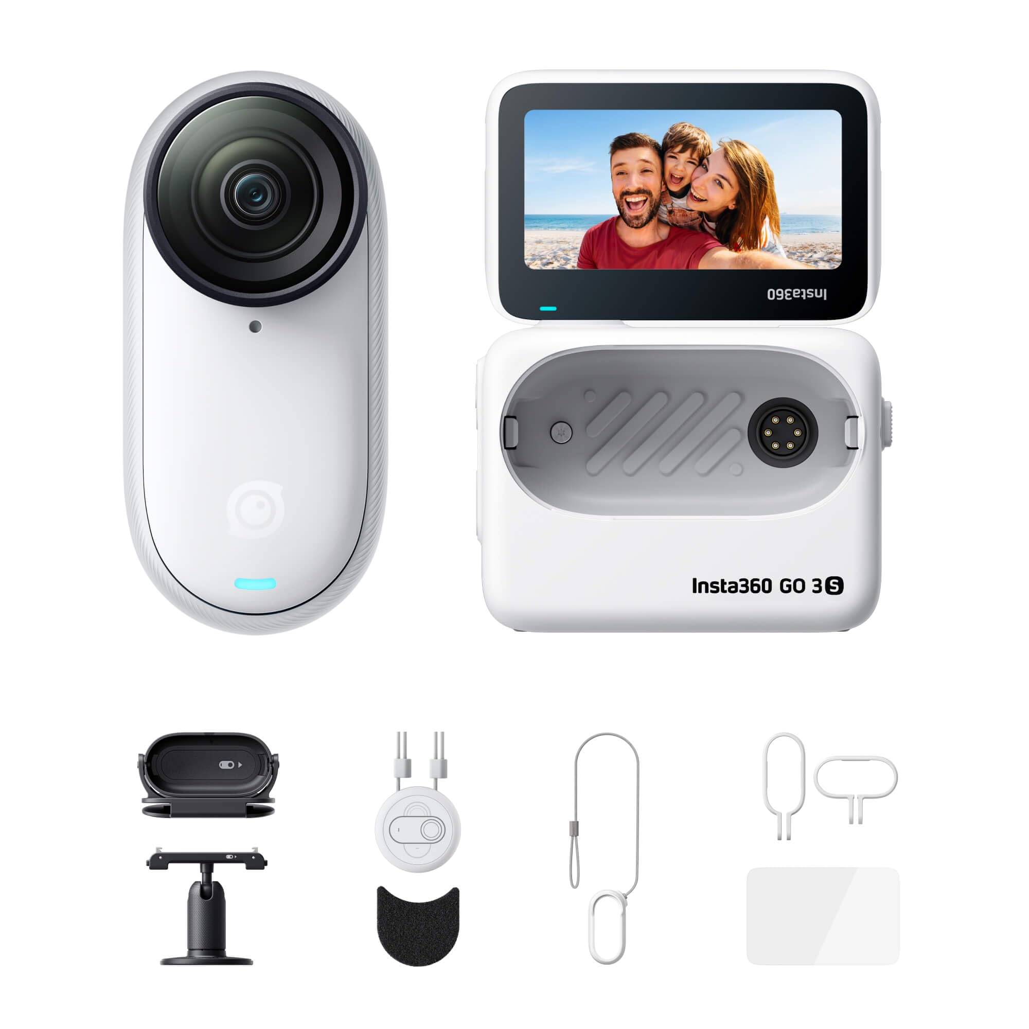 Insta360 GO 3S - 128 GB Black 4K Tiny Portable Vlogging Camera, Hands-Free POVs, Mount Anywhere, Stabilization, 140 Min Battery Life, 10m Waterproof, Pet POV: White Action Bundle