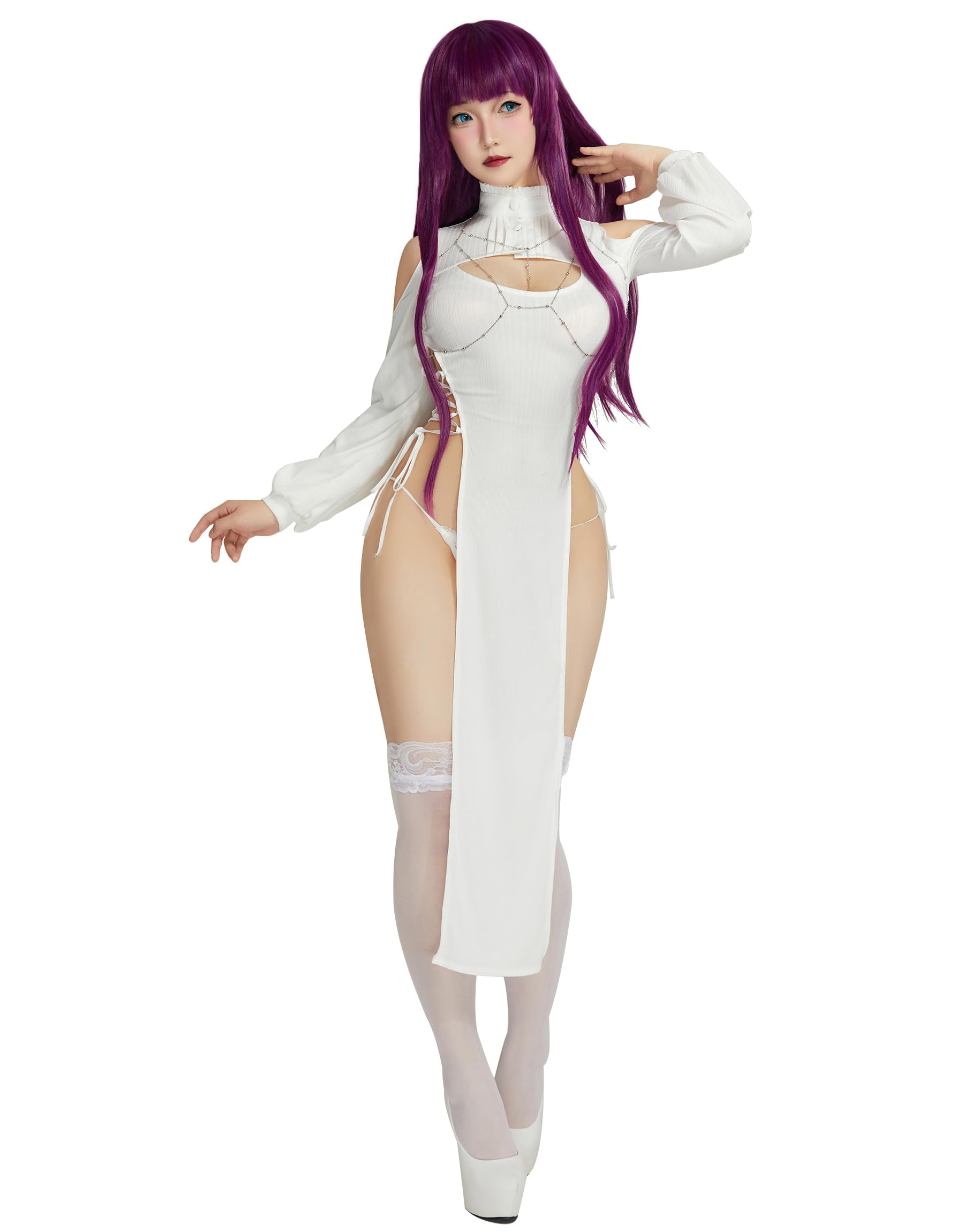 Mobbunny Women's Anime Cosplay Dress Cutout High Slit Dress and Thong with Stockings Chest Chain
