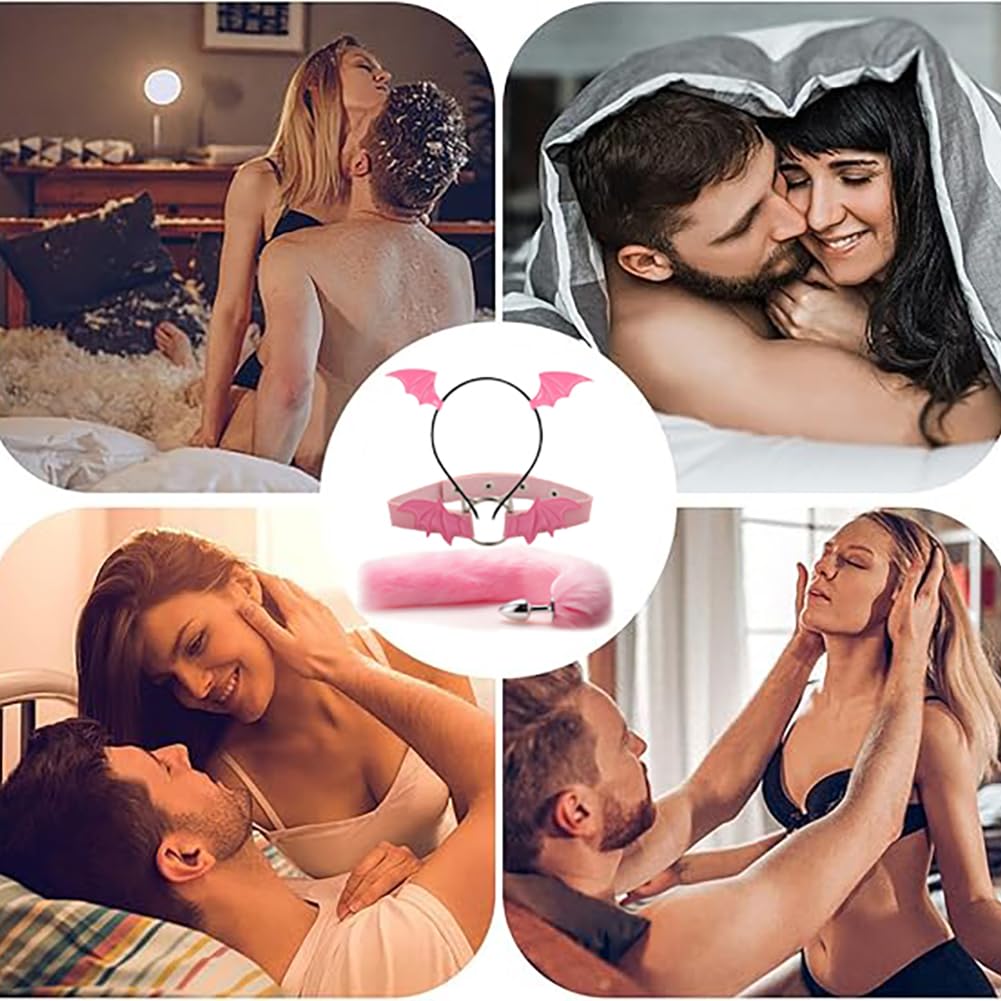 TJCGCKK Animal Cosplay Costume Furry Fox Tail Plug Cute Ears Headband Bat Style Neck Collar Set: Pink C