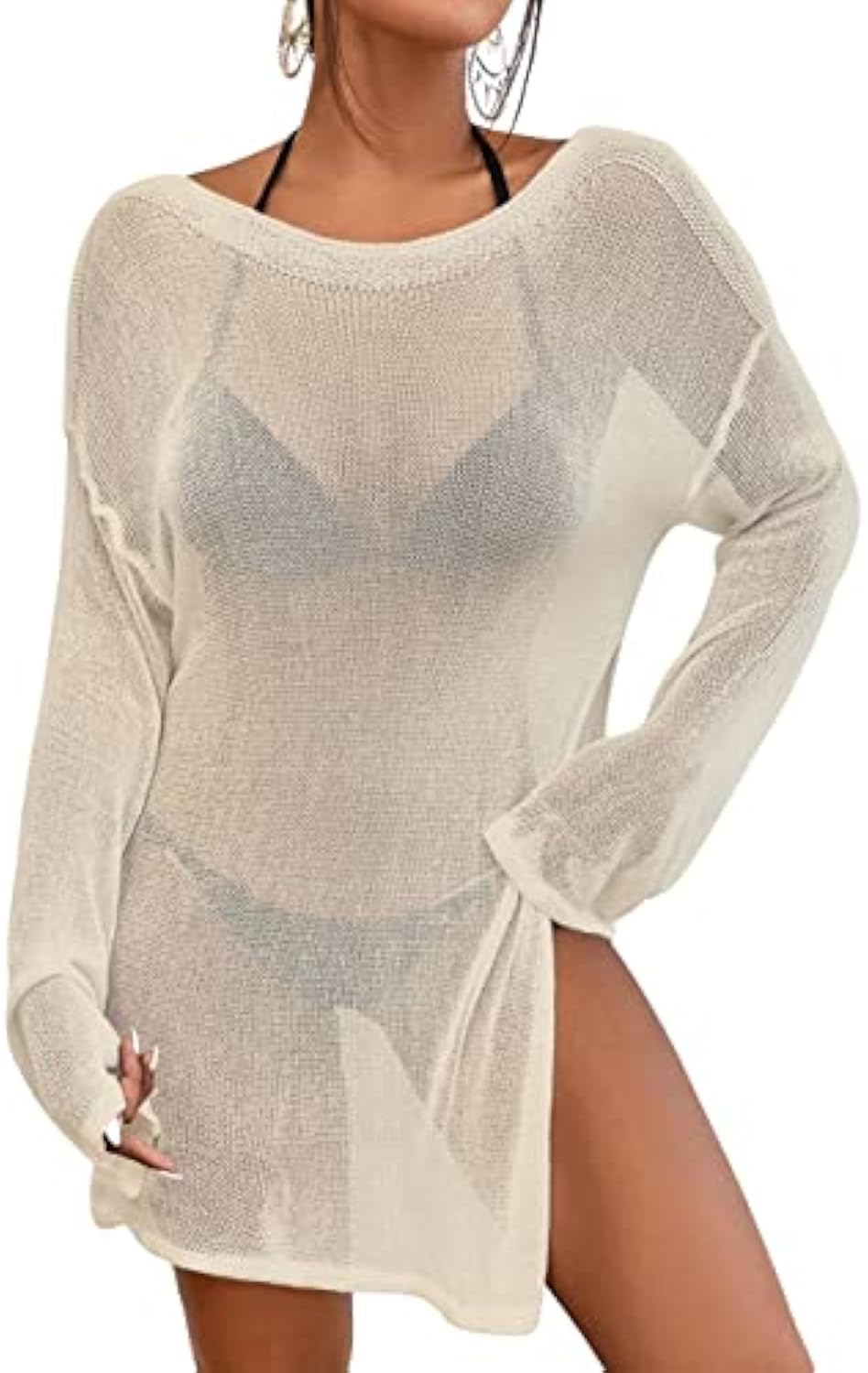 Bsubseach Crochet Swimsuit Coverup for Women Sheer Bathing Suit Cover Ups Kintted Swimwear Bikini Beach Vacation Outfits: Apricot X-Large
