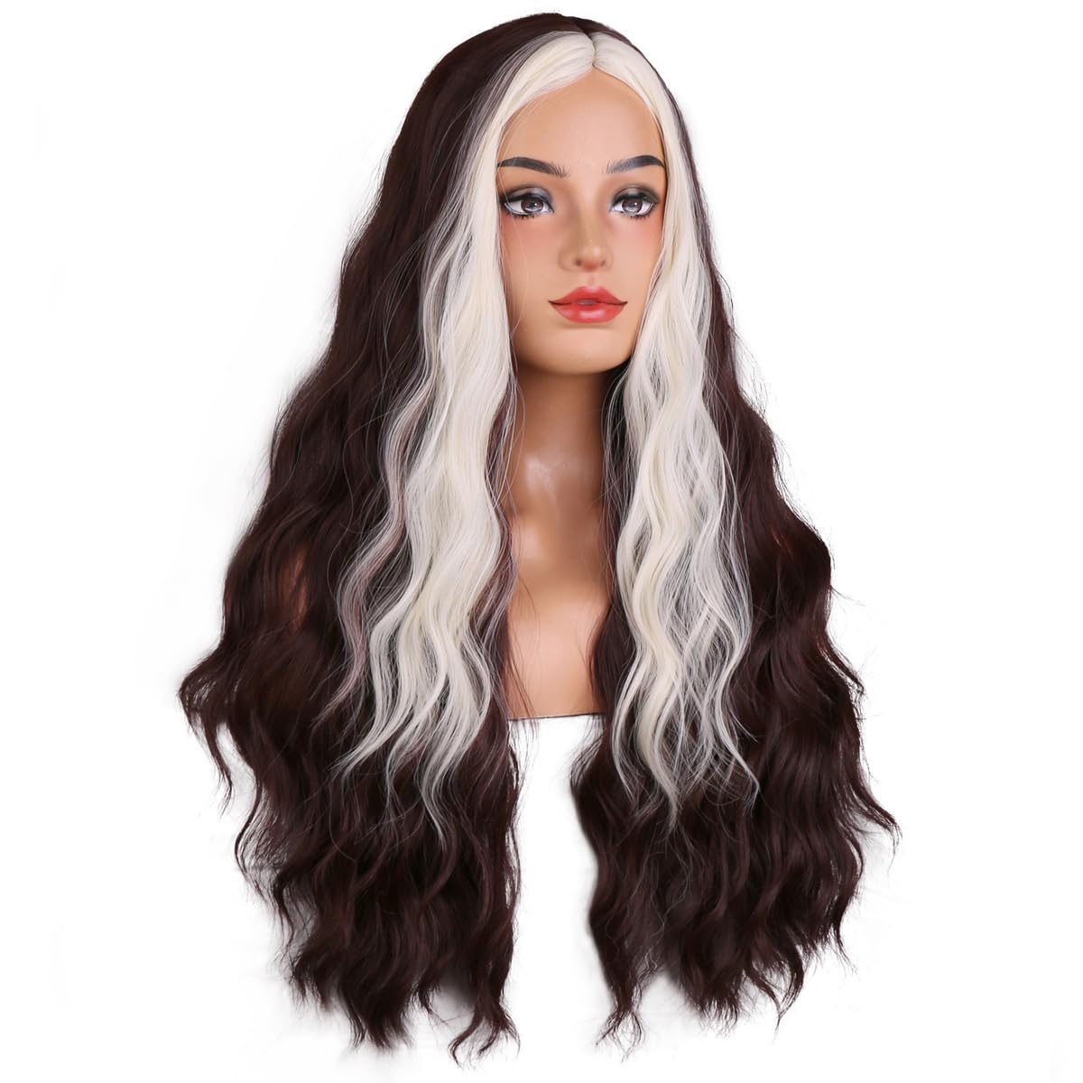 MAGQOO  Flame Fire Wig - Long Curly Wavy Ombre Wigs for Women & Girls - Middle Part, Heat Resistant, High Density Synthetic Wigs: Brown White