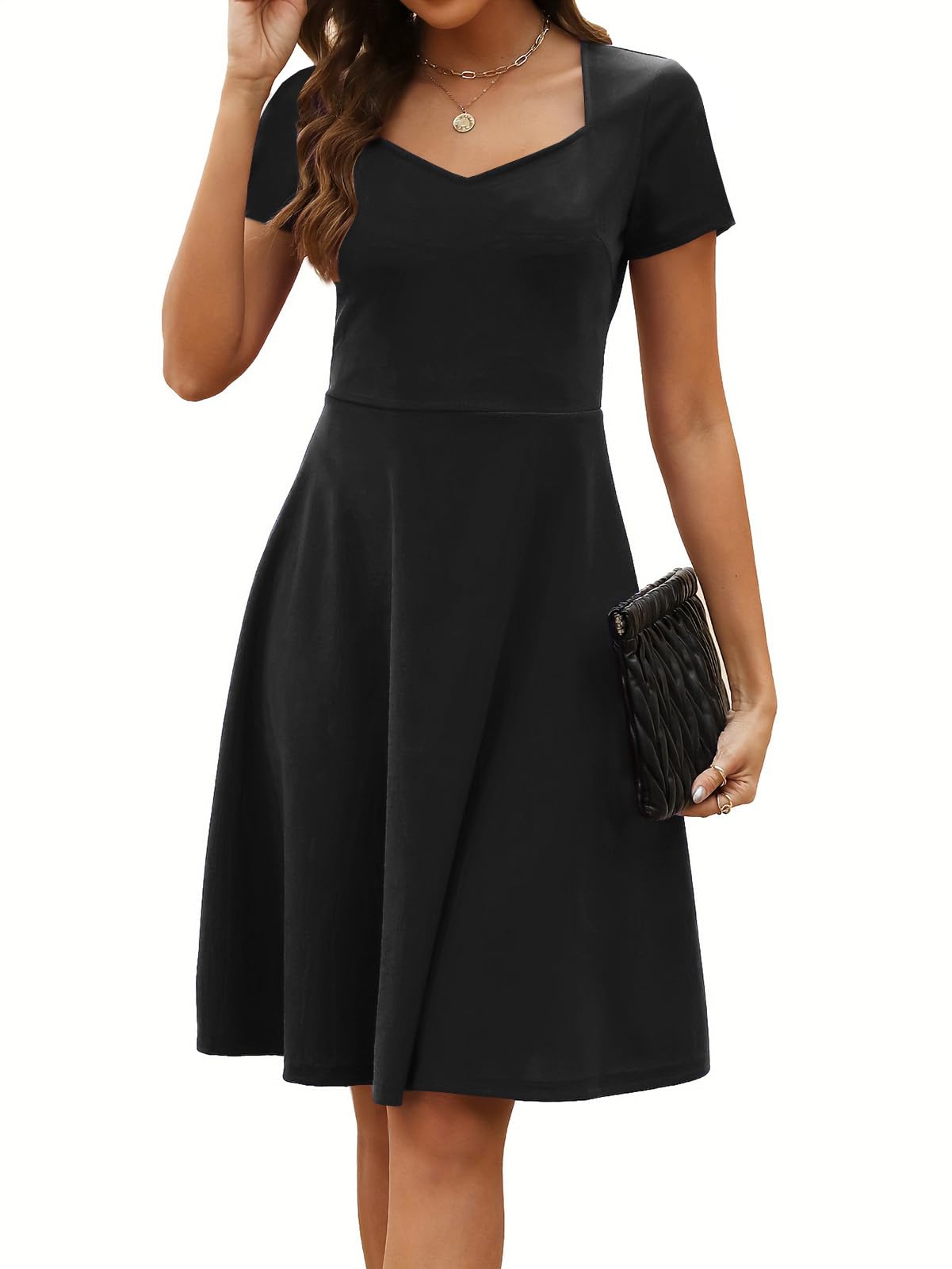 Women's Elegant Vintage Summer Sweetheart Neck Short Sleeve Casual Work Party Business A-Line Dress 163: Medium Black