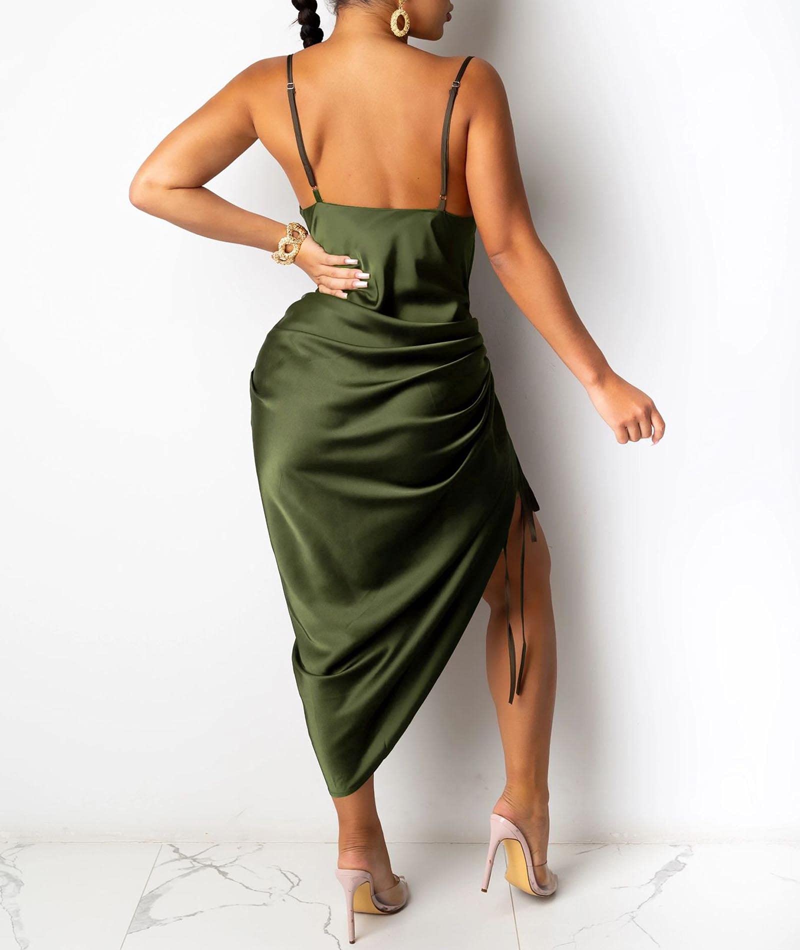 xxxiticat Women's Spaghetti Strap Satin Dress Sleeveless Cowl Neck Draped Slit Lace Up Drawstring Ruched Cocktail Midi Dress thumbnail 4