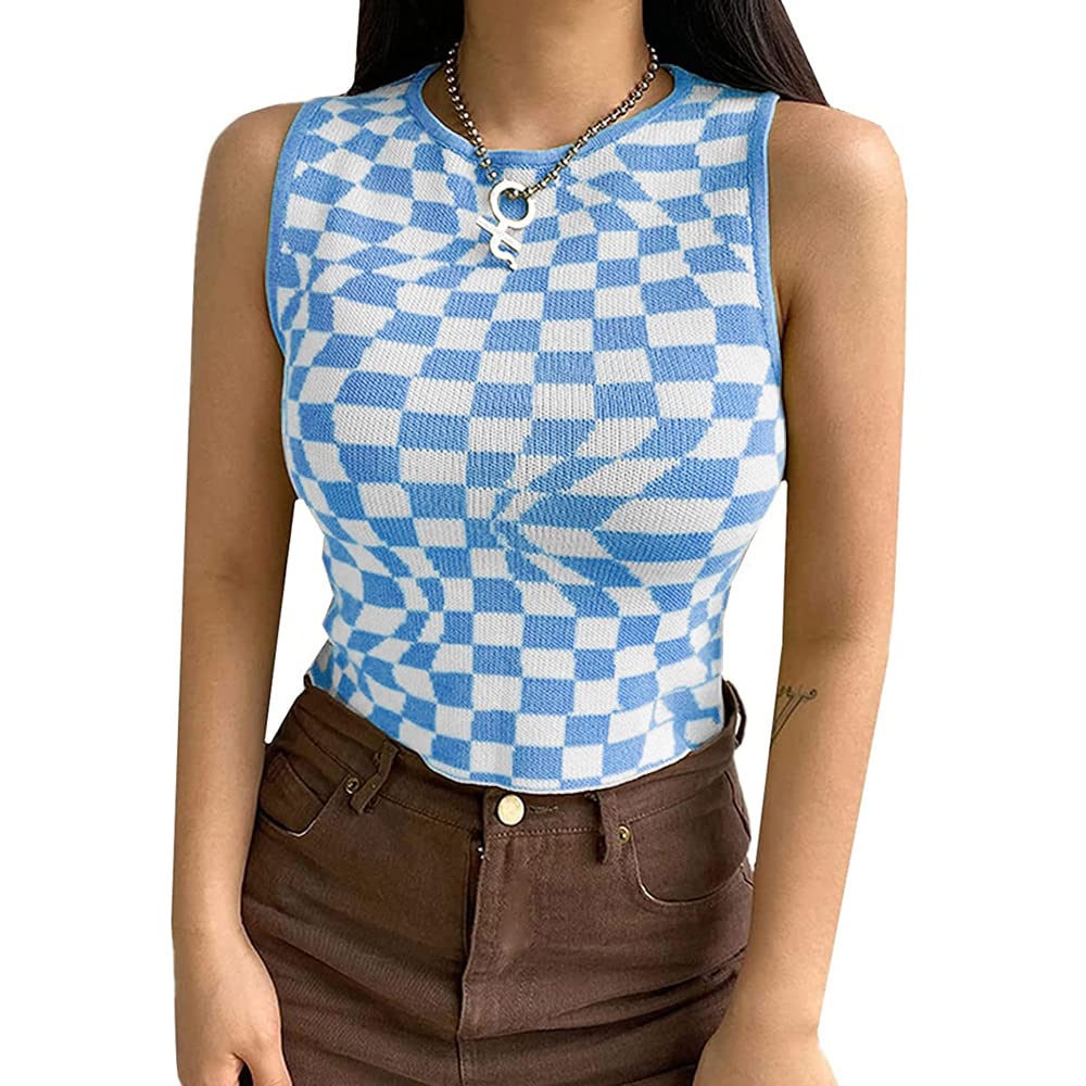 Women's Plaid Printed Sleeveless O Neck Camisole Harajuku Vintage Knitted Cropped Tank Top: Women's Plaid Printed Sleeveless O Neck Camisole Harajuku Vintage Knitted Cropped Tank Top