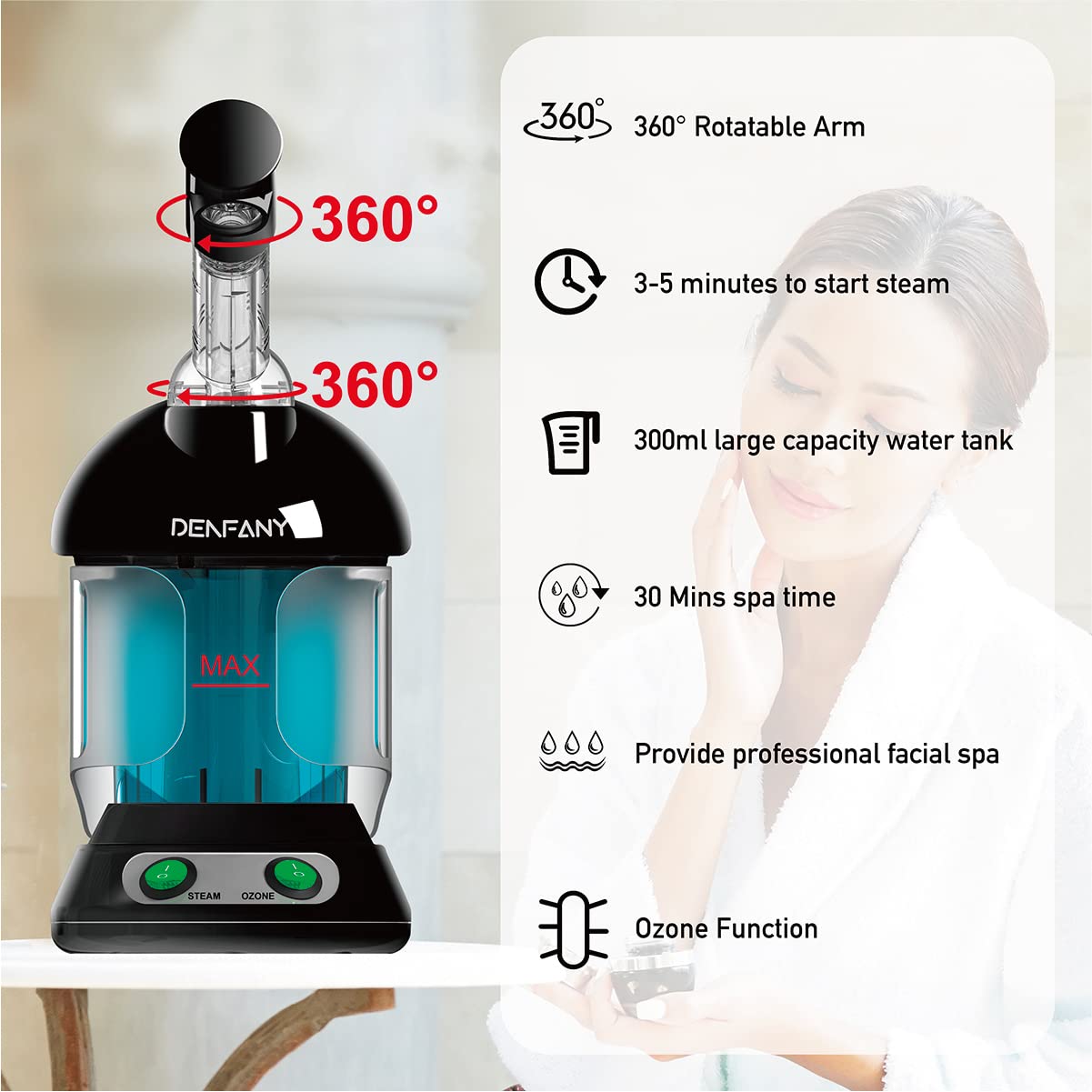 Facial Steamer - DENFANY Nano Ionic Face Steamer with Extendable 360° Rotating Arm - Portable Facial Steamer for Personal Care at Home or Salon () thumbnail 5