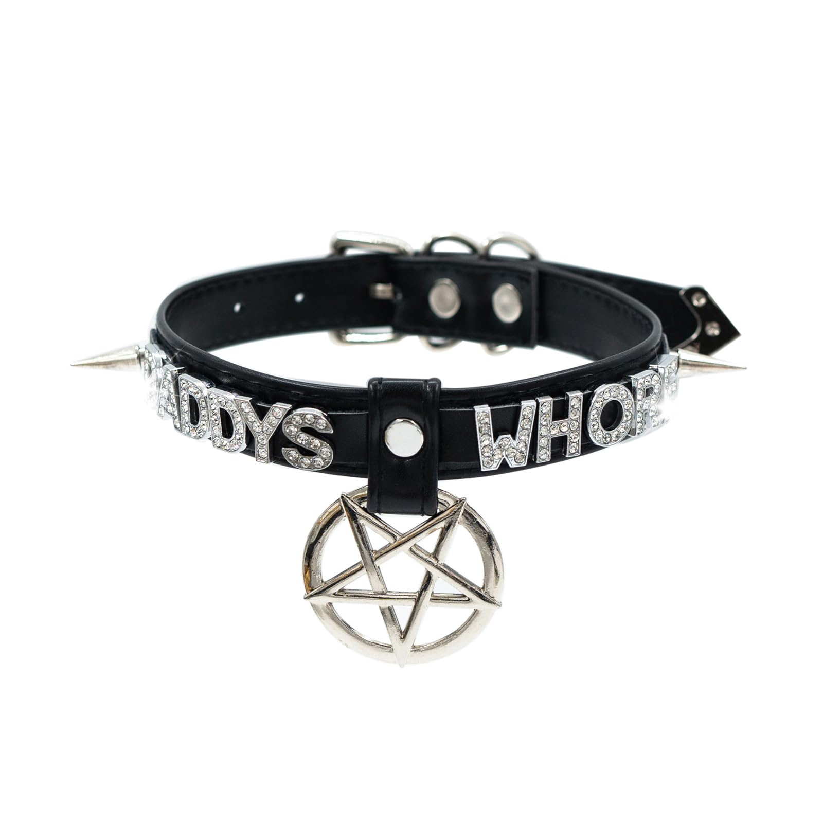 ADEMISHIA Black Pentagram Choker Collar For Women, Punk Gothic Vagen Leather Collar With Name Letters Adjustable Spiked Necklace