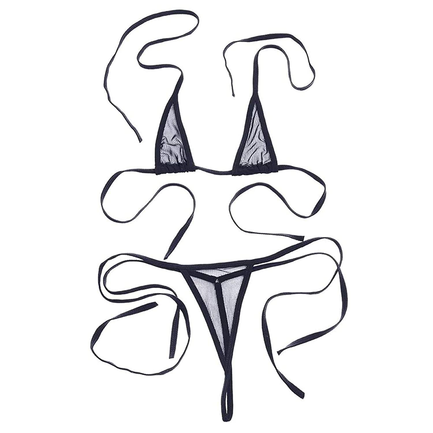 ZTie Women’s Sheer Extreme Swimsuit Bikini Halterneck Top and Tie Sides Micro Bikini Thong Sets