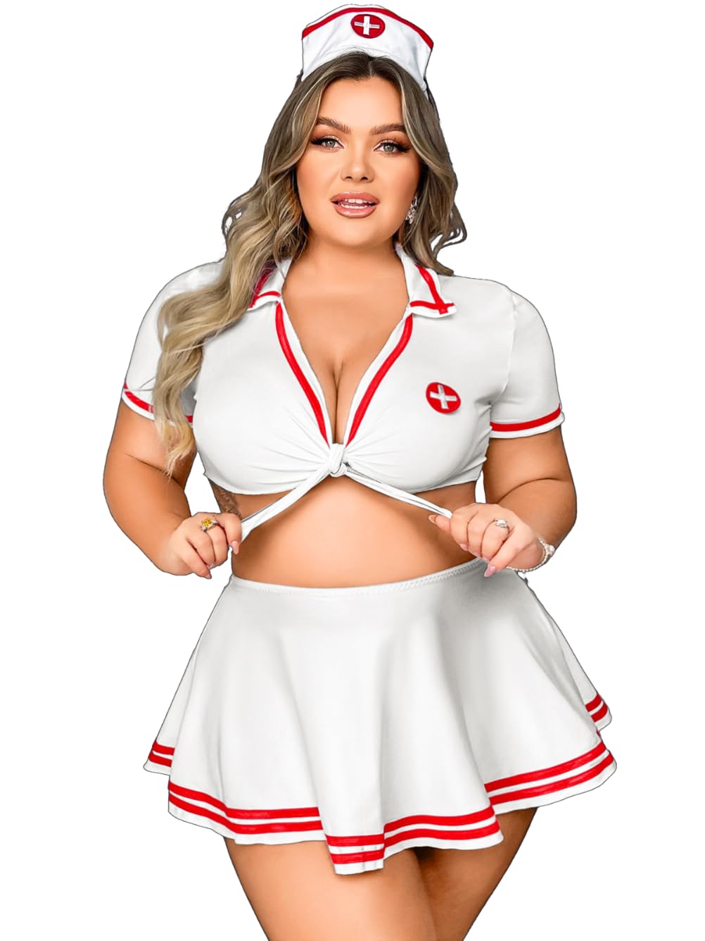 Kaei&Shi Plus Size Nurse Lingerie Costume,Cosplay Outfit For Curvy Women,4 Piece Valentines Halloween Outfits: White 2X-Large