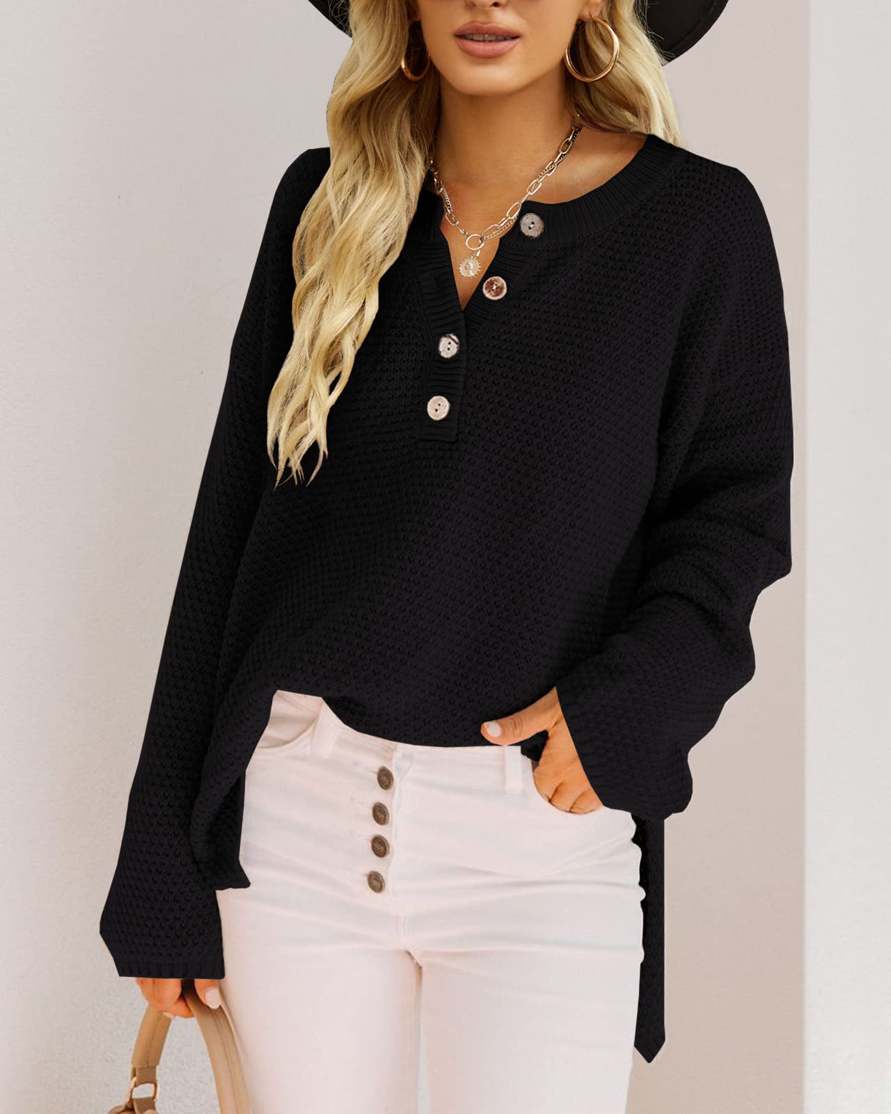 Saodimallsu Women's Oversized Sweaters Batwing Long Sleeve Loose V Neck Button Henley Tops Pullover Knit Jumper thumbnail 2