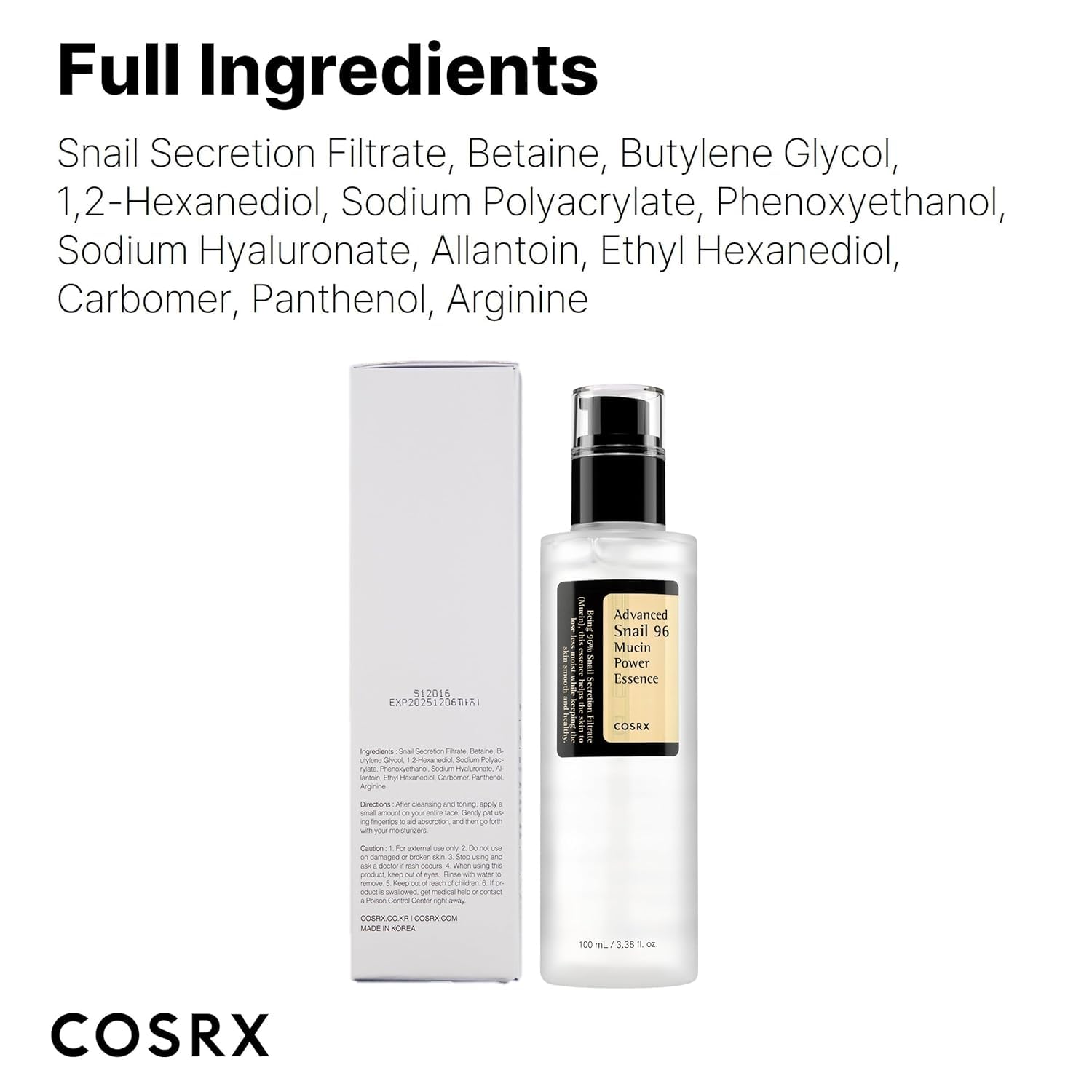 COSRX Snail Mucin 96% Power Repairing Essence 3.38 fl.oz 100ml, Hydrating Serum for Face with Snail Secretion Filtrate for Dull Skin & Fine Lines, Korean Skin Care: 3.35 Fl Oz (Pack of 1)