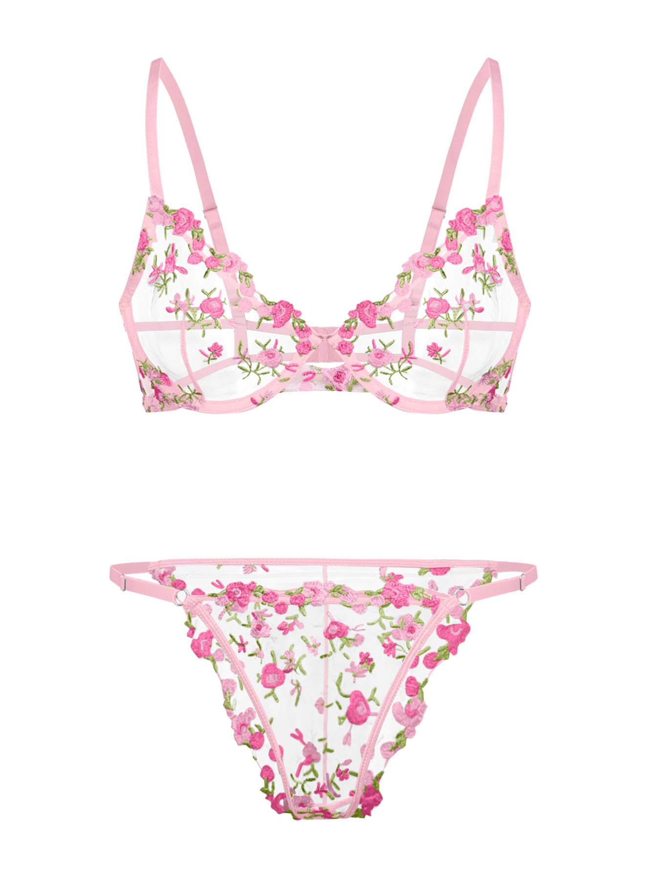 Lilosy Sexy Floral Embroidered Mesh Sheer Underwire Lingerie Set
