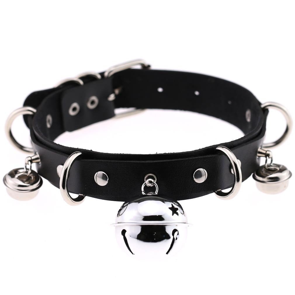FM FM42 Multicolor PU Simulated Leather Black-tone Silver-tone 4cm Large Bell Rivets Neckband Choker Necklace: Silver-tone Bell &amp; Green