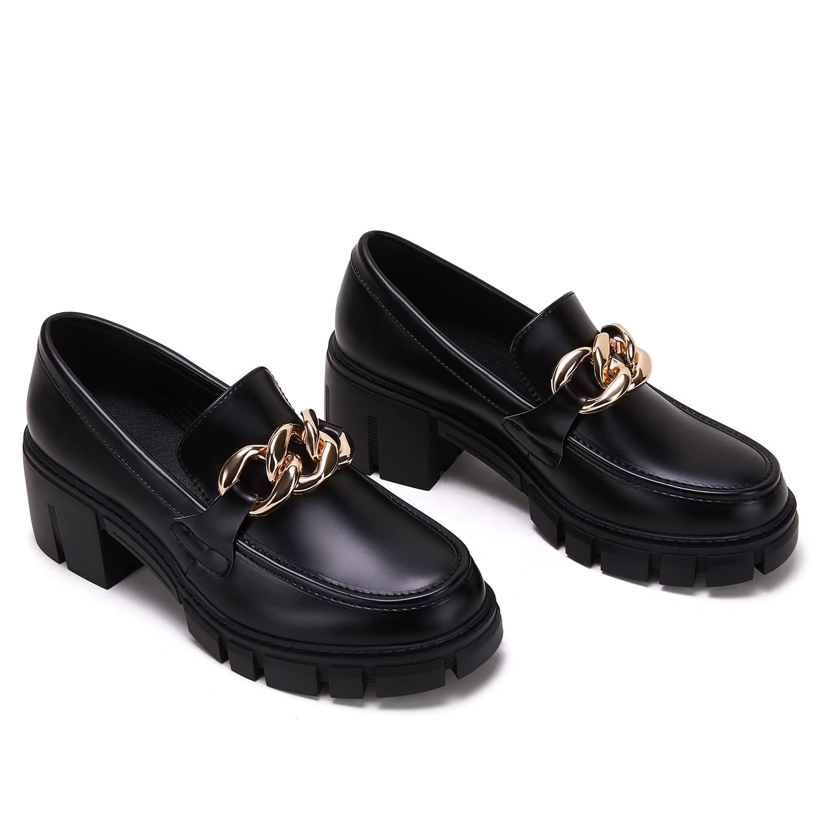 TINSTREE Platform Loafers for Women with Chain Comfort Chunky Heel Slip On Round Toe Business Work Shoes thumbnail 4