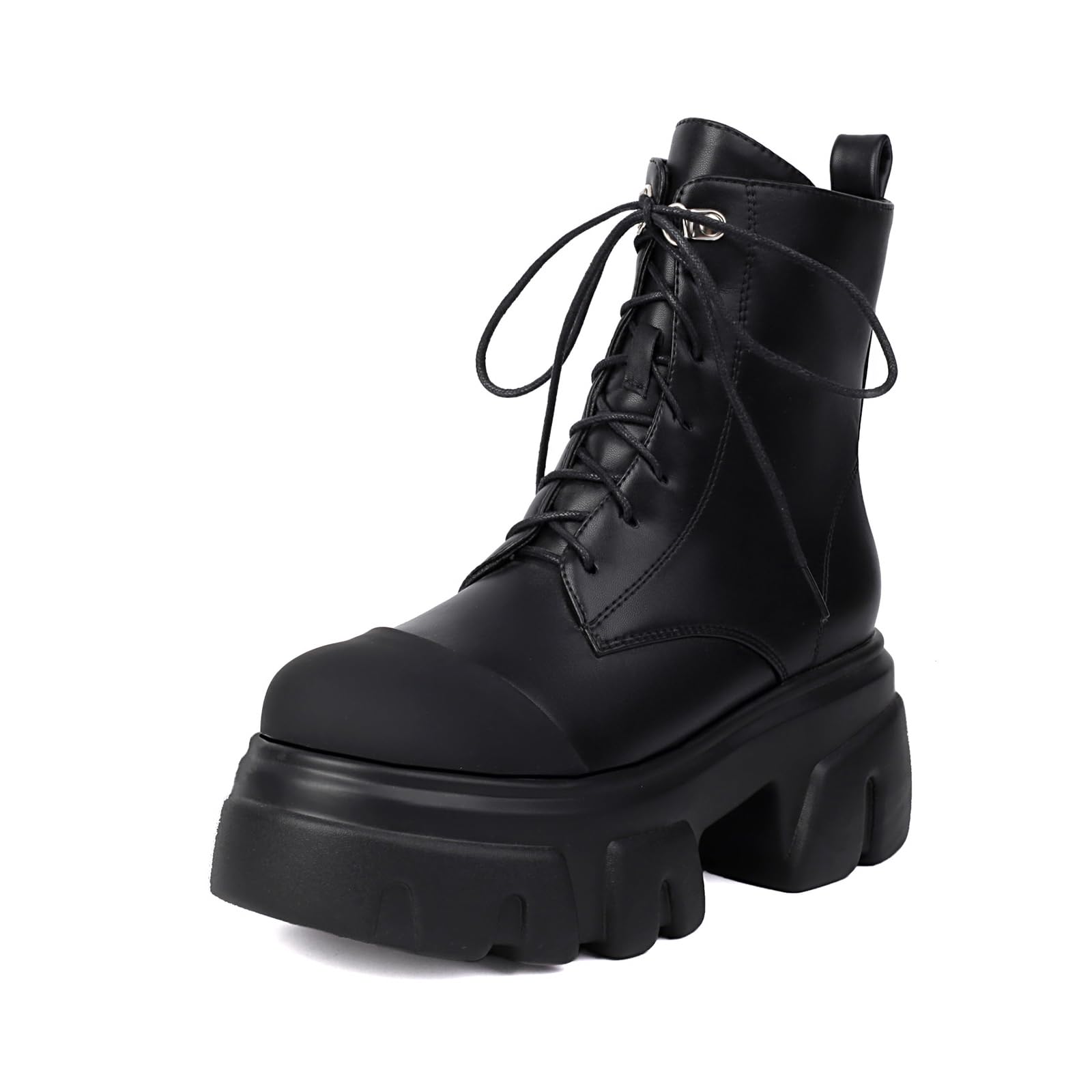 KSEDT Women's Leather Black Platform Dressy Combat Boots Lightweight Gothic Round Toe Zipper Block Chunky Heel Lug Sole Lace Up Goth Ankle Boots