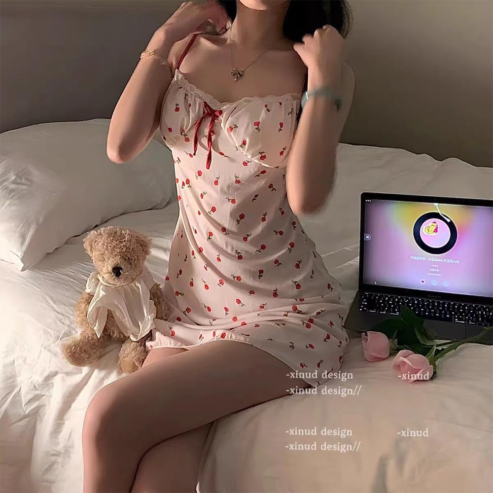 QNCLO Women's ice silk camisole dress cosplay print Japanese girlish style kawaii lingerie: Rose One Size