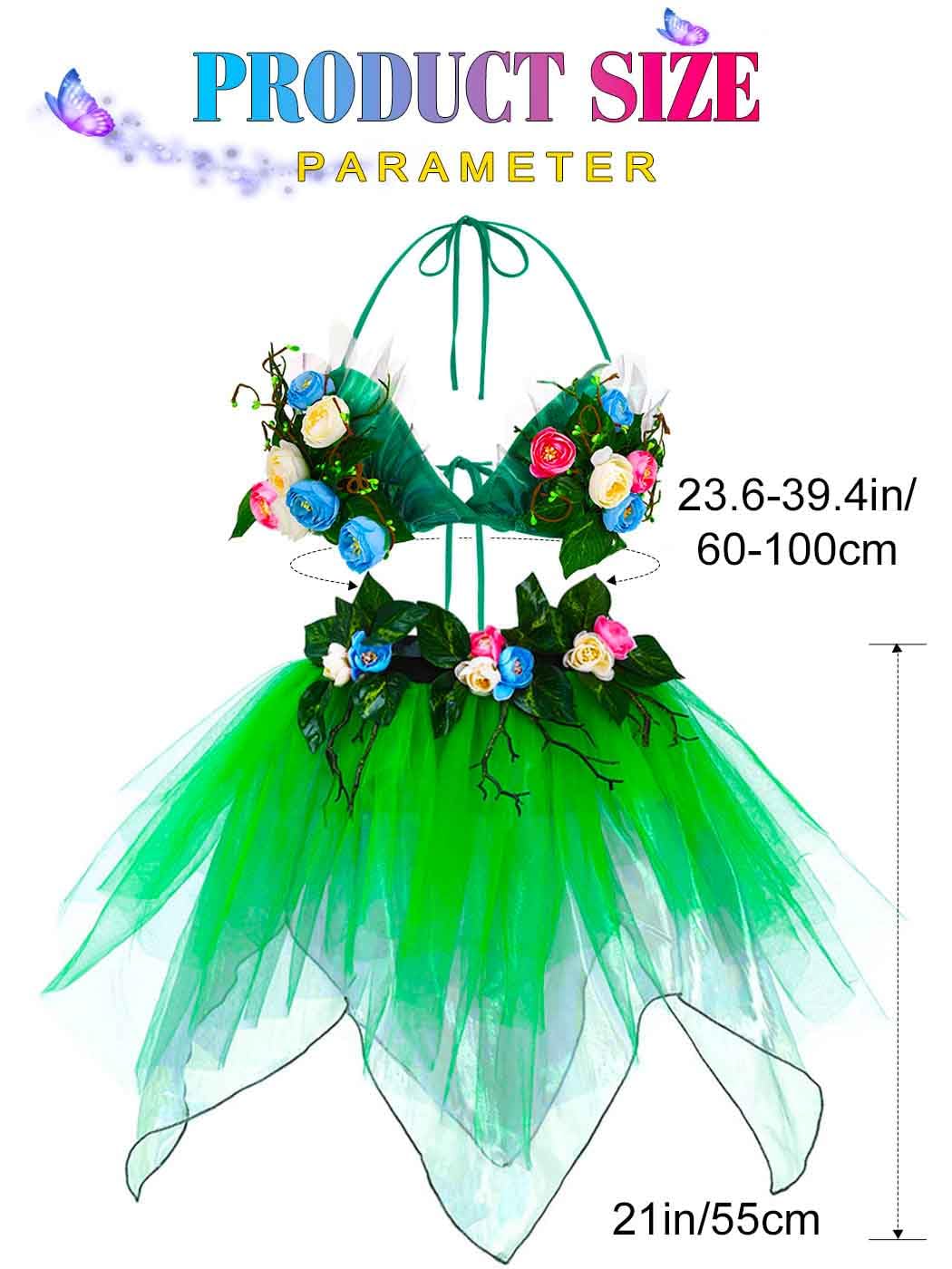TWINKLEDE Women's Fairy Outfit Costume Floral Elf Tulle Tutu Skirt Forest Princess 3D Floral Bra Tops and Elf Ears