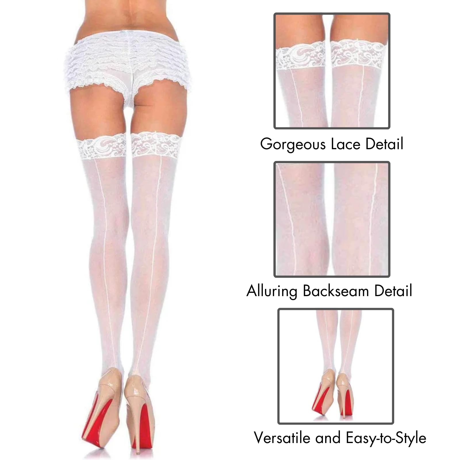 Leg Avenue Women's Sheer Lace Top Thigh High Stockings with Backseam: White One Size