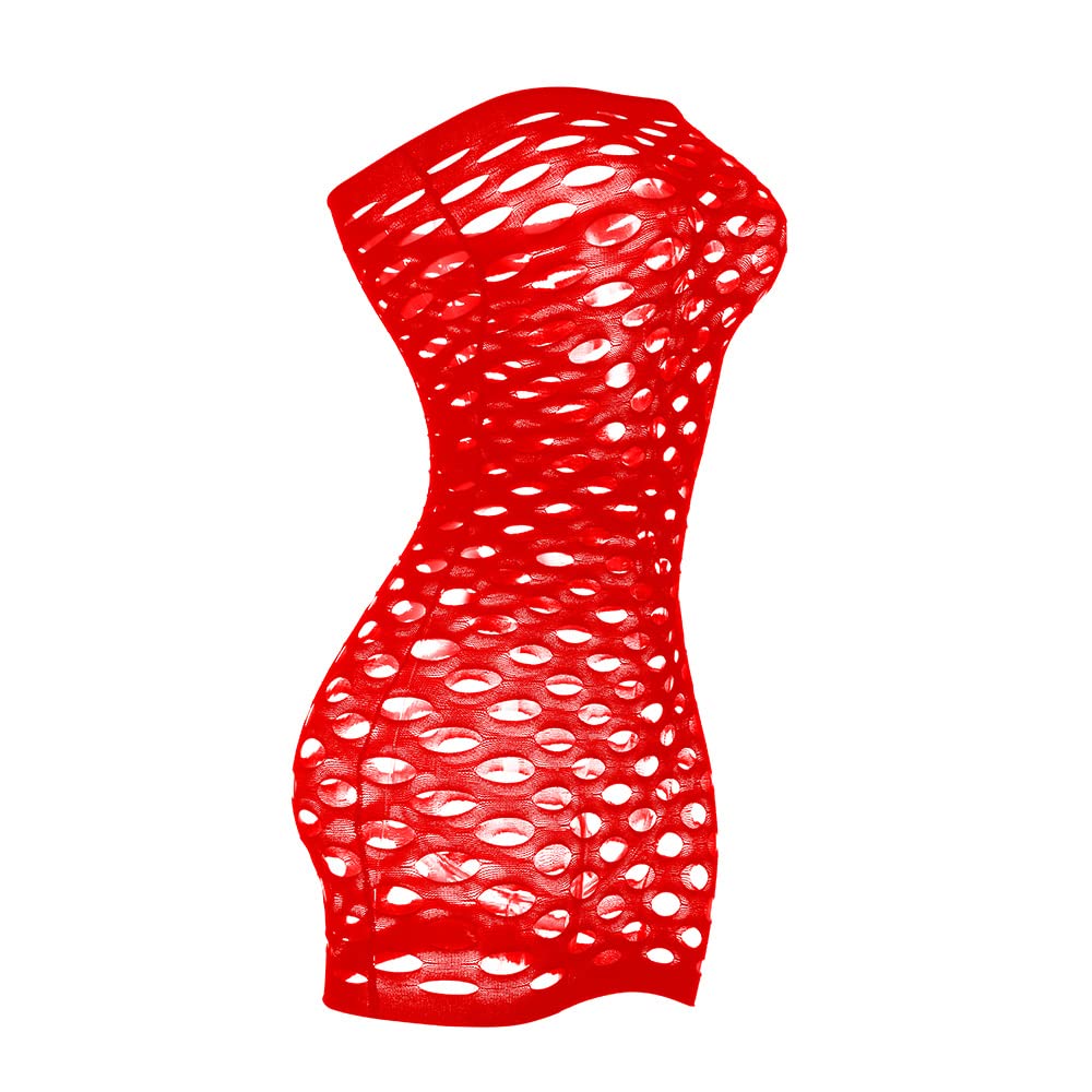 Vorifun Sexy Womens Strapless Fishnet Lingerie Sleepwear Mini Dress Tube Chemise Bodysuit One Size: Red