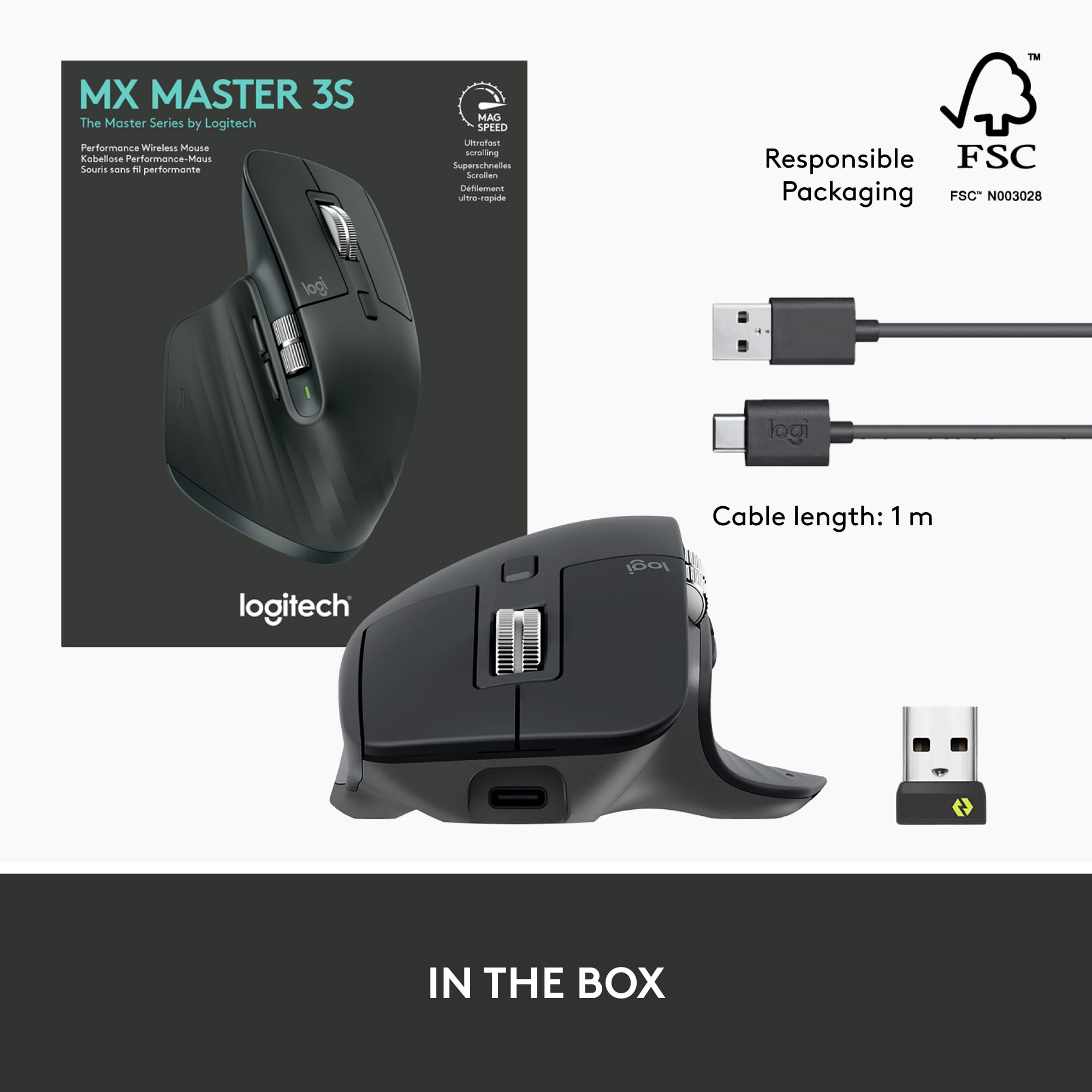 Logitech MX Master 3S Wireless Mouse Standard Edition with Logi Bolt USB Receiver, Ultra-fast Scrolling, Ergo, 8K DPI, Track on Glass, Quiet Clicks, USB-C, Bluetooth, Windows, Linux, Chrome - Graphite: Graphite Mouse w. USB Receiver