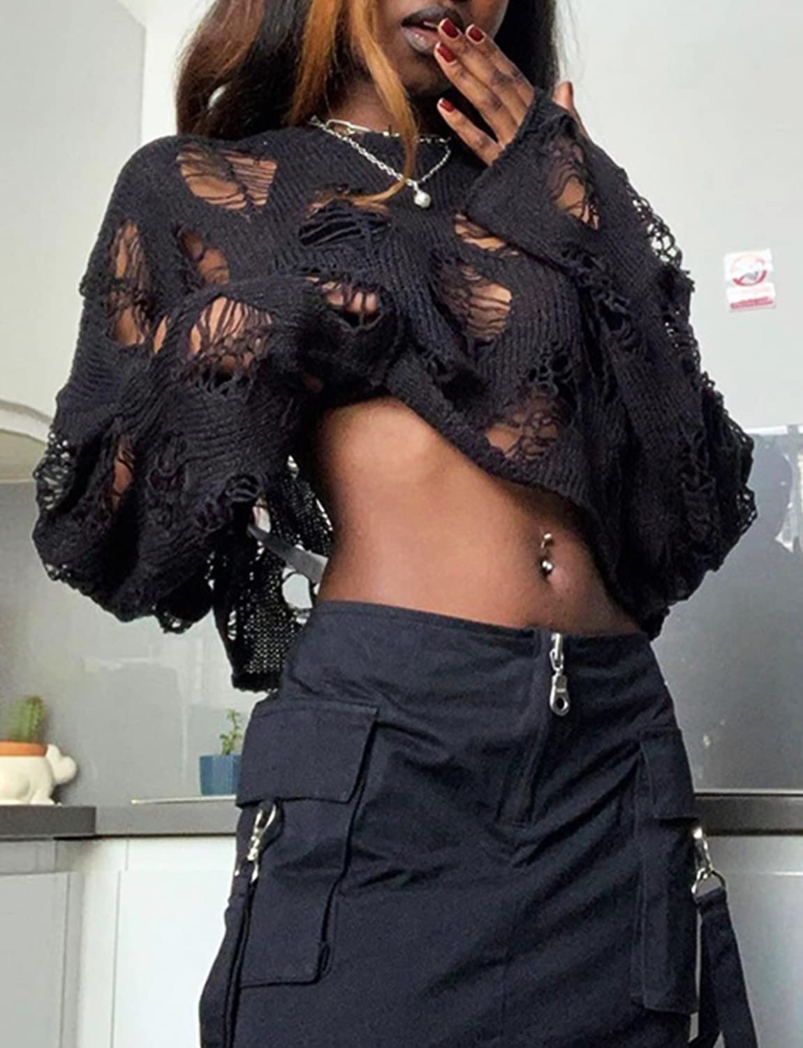 Vinsekep Women's See Through Hole Ripped Crop Tops Knit Pullover Short Sweaters: 2-black One Size