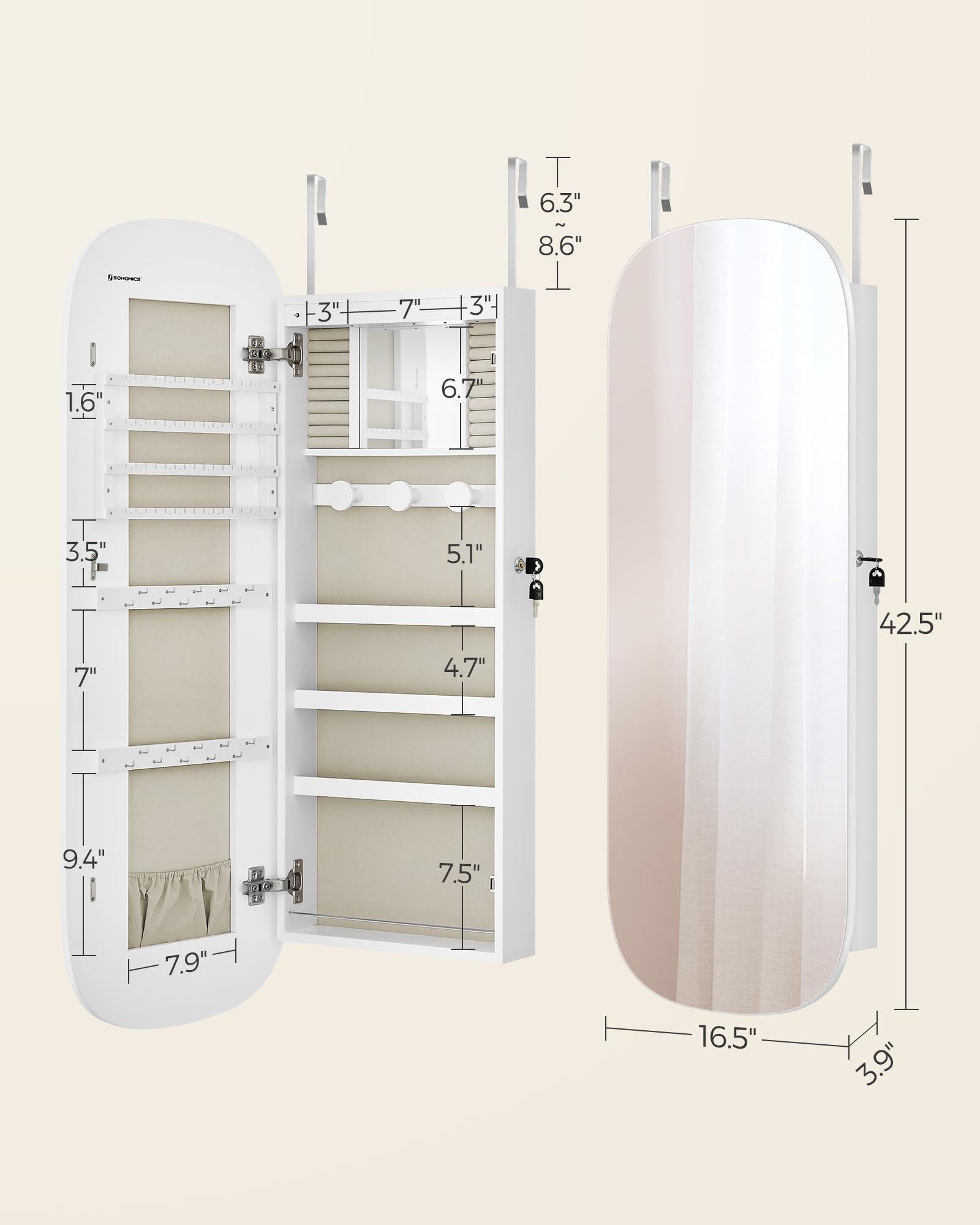 SONGMICS Jewelry Organizer, LED Jewelry Cabinet Wall or Door Mounted, Lockable Rounded Wide Mirror with Storage, Interior Mirror, 3.9 x 16.5 x 42.5 Inches, White Surface with Greige Lining UJJC026W01