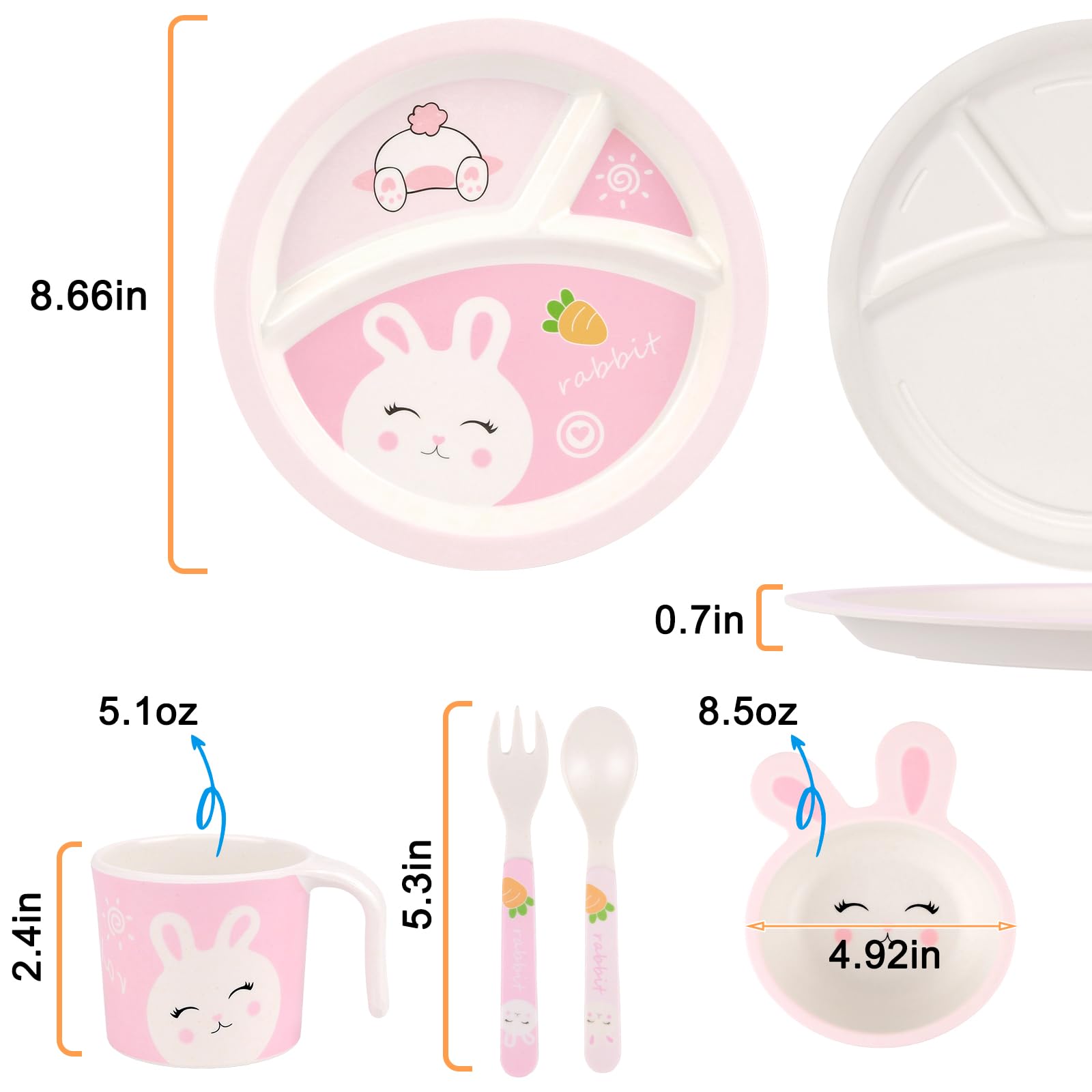 PHEENOWL Rabbit Toddler Plate Set 5 Pieces Includes 3-Section Divided Plate, Bowl, Tumbler and Utensil Tableware, Non-BPA Bamboo Fiber Material Perfect for Girls (Rabbit) thumbnail 3