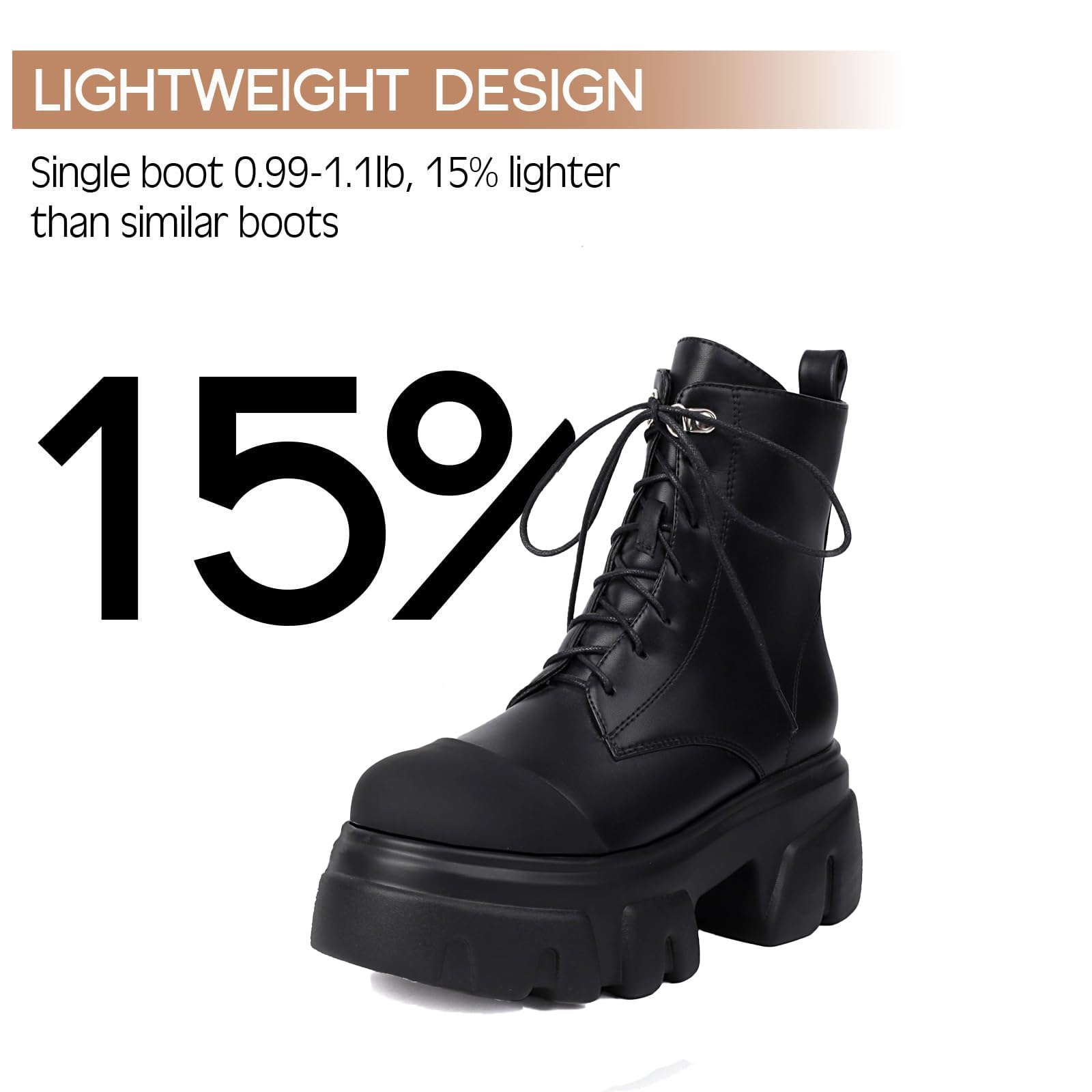 KSEDT Women's Leather Black Platform Dressy Combat Boots Lightweight Gothic Round Toe Zipper Block Chunky Heel Lug Sole Lace Up Goth Ankle Boots