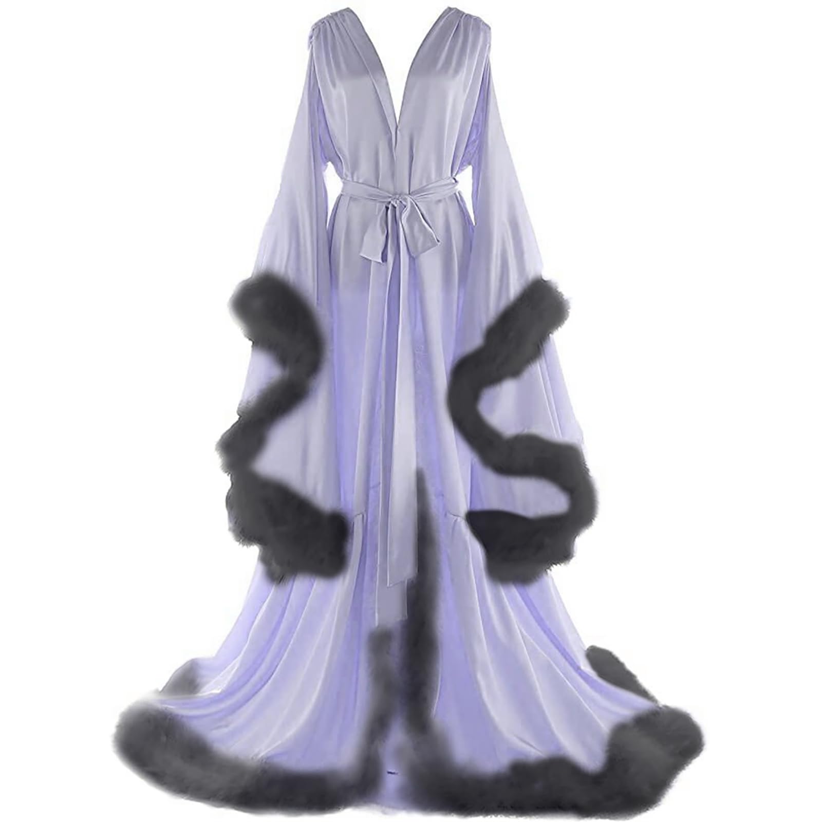 Daily Life Mall Women's Feather Bridal Robes Old Hollywood Maternity Photoshoot Nightgown Silk Bathrobe Long Lingerie: Medium Light Lilac+black