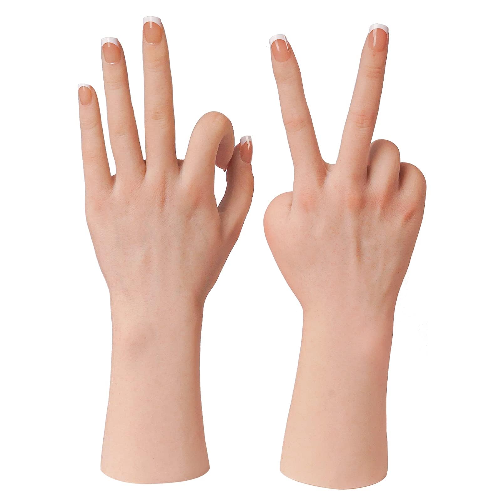 KUMIHO Realistic Silicone Female Hand Model Fake Hand for Jewelry Display Tattoo Training Practice Art Sketch with Nails, 1 Pair -with Skeleton, White: White 1 Pair -With Skeleton