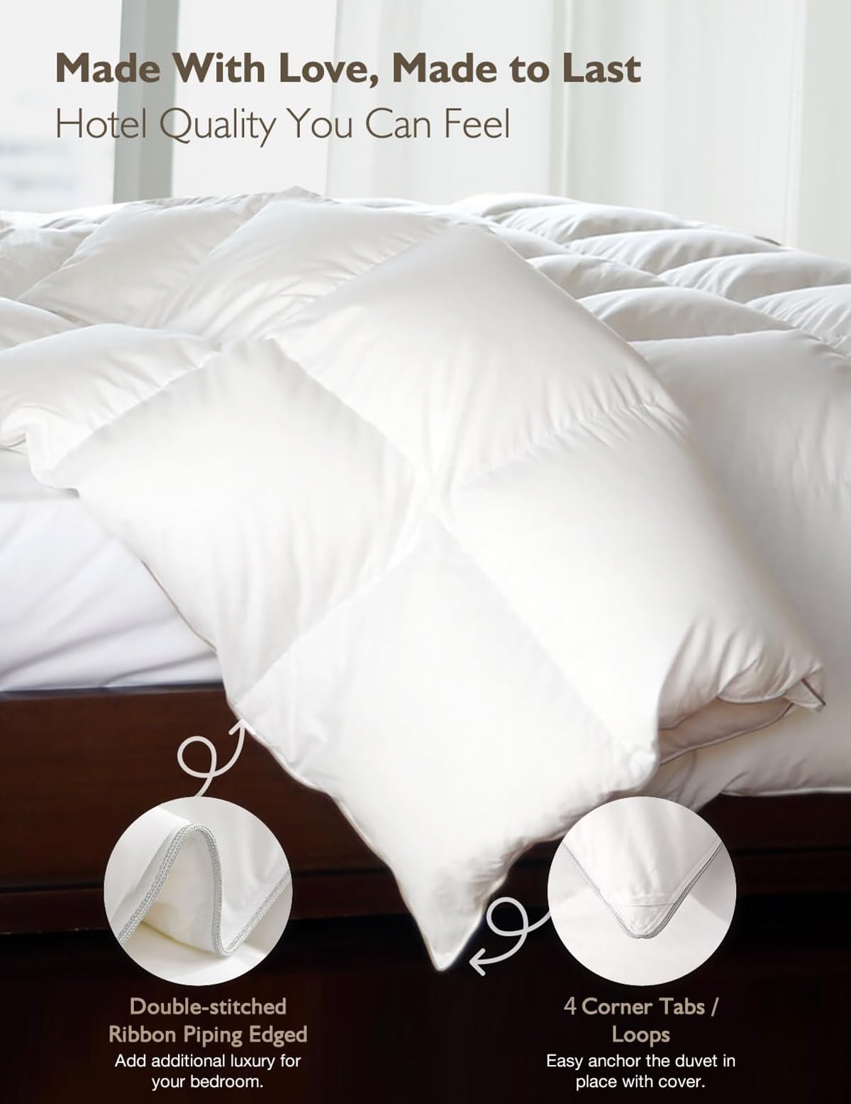 Cobnom® Hotel Luxury Feather Down Comforter Queen Size, Medium Warm All Season Duvet Insert, Silky Soft Egyptian Cotton Blend Cover, Ethically Sourced Feather & Down Filled, 90x90 Inch, White