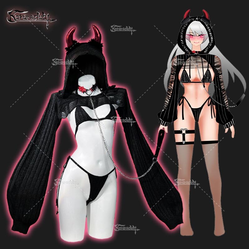 KORURACLUB Knitting Coziest Devil costume（7-Piece Set） Grey premium sweater cosplay lingerie for women cosplay costume: Black
