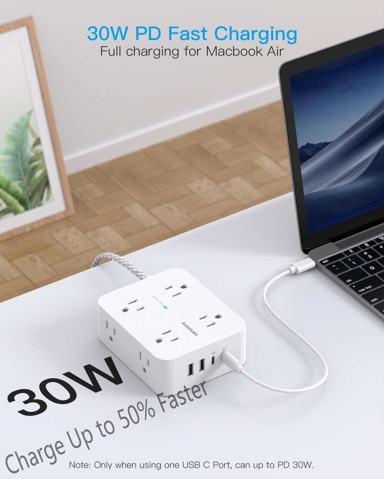 Surge Protector Power Strip - HANYCONY 8 Outlets 4 USB (2 USB C) Charging Ports, Multi Plug Outlet Extender, 5Ft Braided Extension Cord, Flat Plug Wall Mount Desk Charging Station for Home Office ETL thumbnail 3
