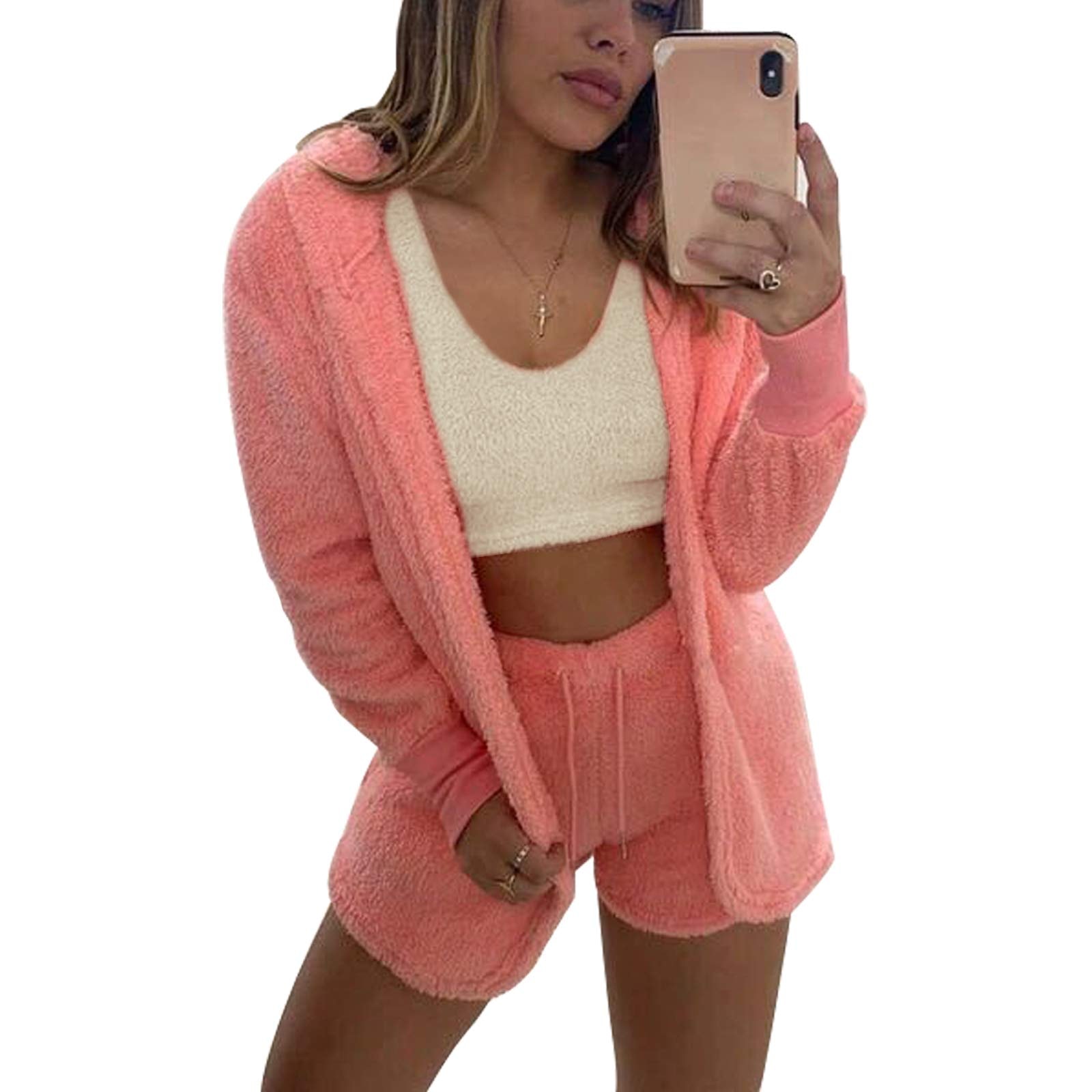 VNVNE Womens Sexy Fuzzy Warm Sherpa Fleece 3 Piece Outfit Fleece Coat Jacket Outwear and Spaghetti Strap Crop Top Shorts Set: Small Orange