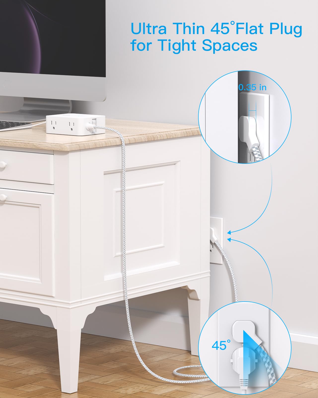 Surge Protector Power Strip - HANYCONY 8 Outlets 4 USB (2 USB C) Charging Ports, Multi Plug Outlet Extender, 5Ft Braided Extension Cord, Flat Plug Wall Mount Desk Charging Station for Home Office ETL thumbnail 4