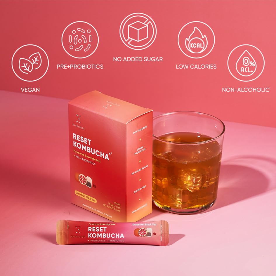 Everydaze BT21 Reset Kombucha Tea Powdered Beverage Mix | 10 Sticks | Prebiotics + Probiotics | Vegan | No Added Sugar, Gluten Free, Sparkling Powder Drink Pack ()